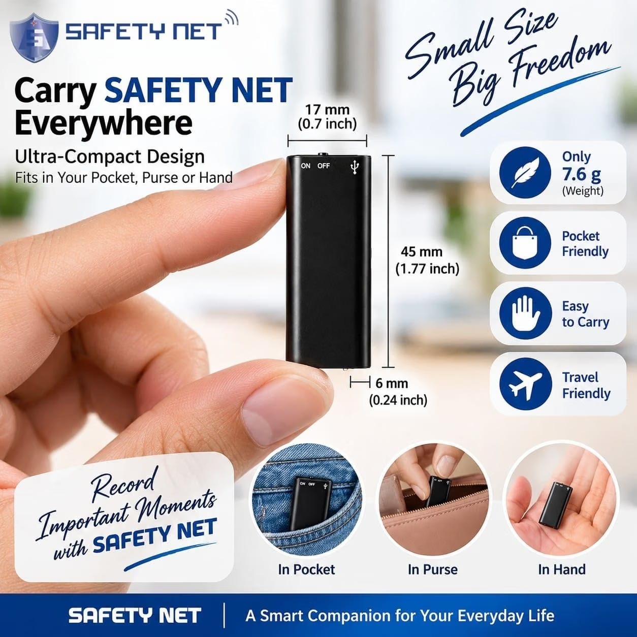 SAFETYNET Three-in-one Digital Voice Recorder Mini Audio Dictaphone 8GB Memory Multi-Function USB2.0 MP3 player USB Flash Disk Drive