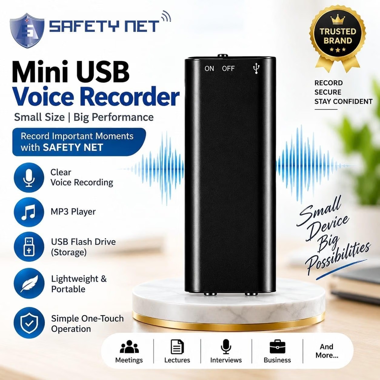 SAFETYNET Three-in-one Digital Voice Recorder Mini Audio Dictaphone 8GB Memory Multi-Function USB2.0 MP3 player USB Flash Disk Drive