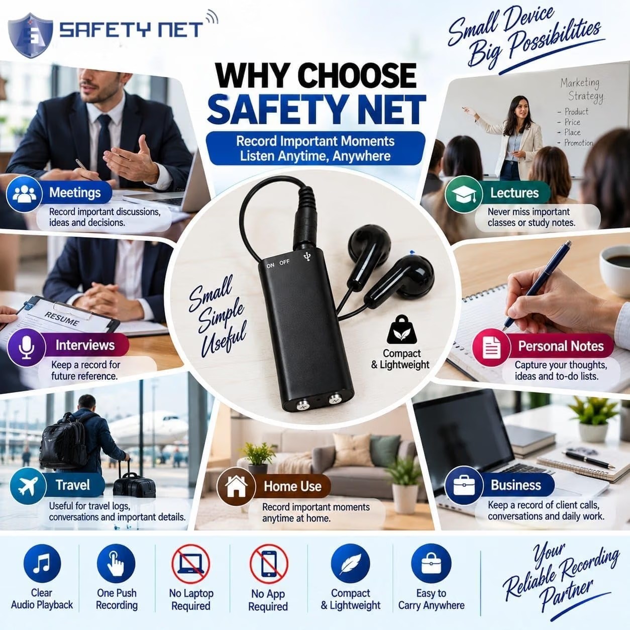 SAFETYNET Three-in-one Digital Voice Recorder Mini Audio Dictaphone 8GB Memory Multi-Function USB2.0 MP3 player USB Flash Disk Drive