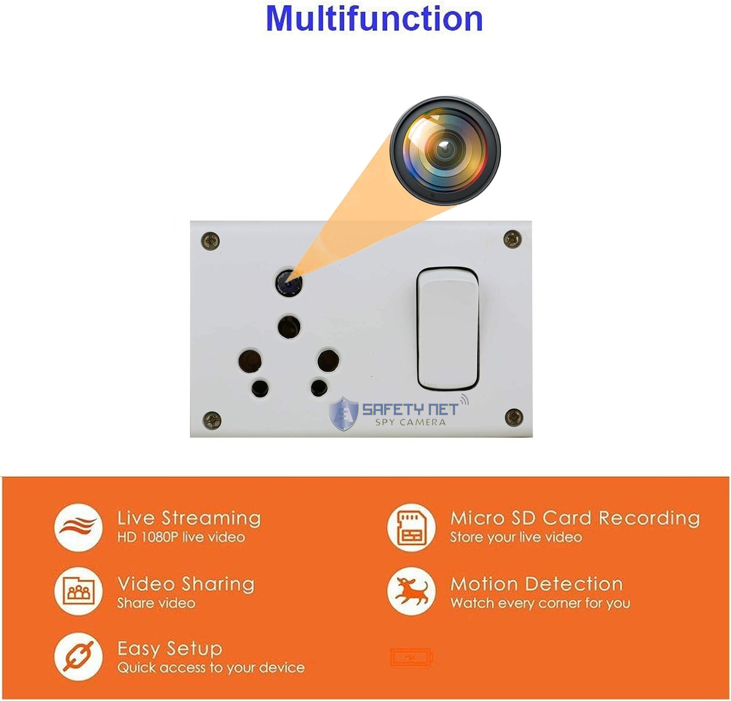 SAFETYNET 4K HD WiFi Live Video/Audio Recording Socket Switch Spy Camera 64GB Memory supportabel with While Recording No Light Flashes