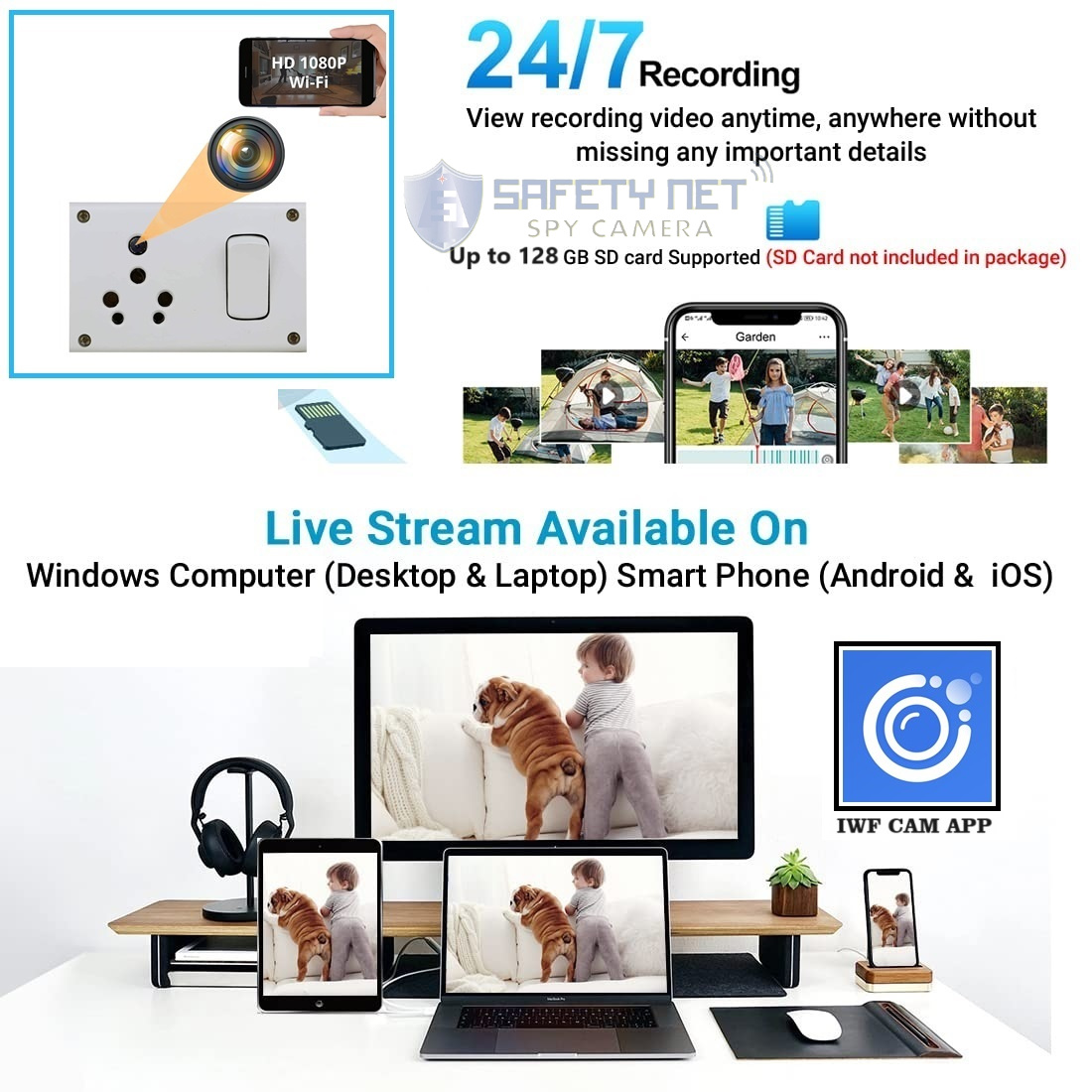 SAFETYNET 4K HD WiFi Live Video/Audio Recording Socket Switch Spy Camera 64GB Memory supportabel with While Recording No Light Flashes