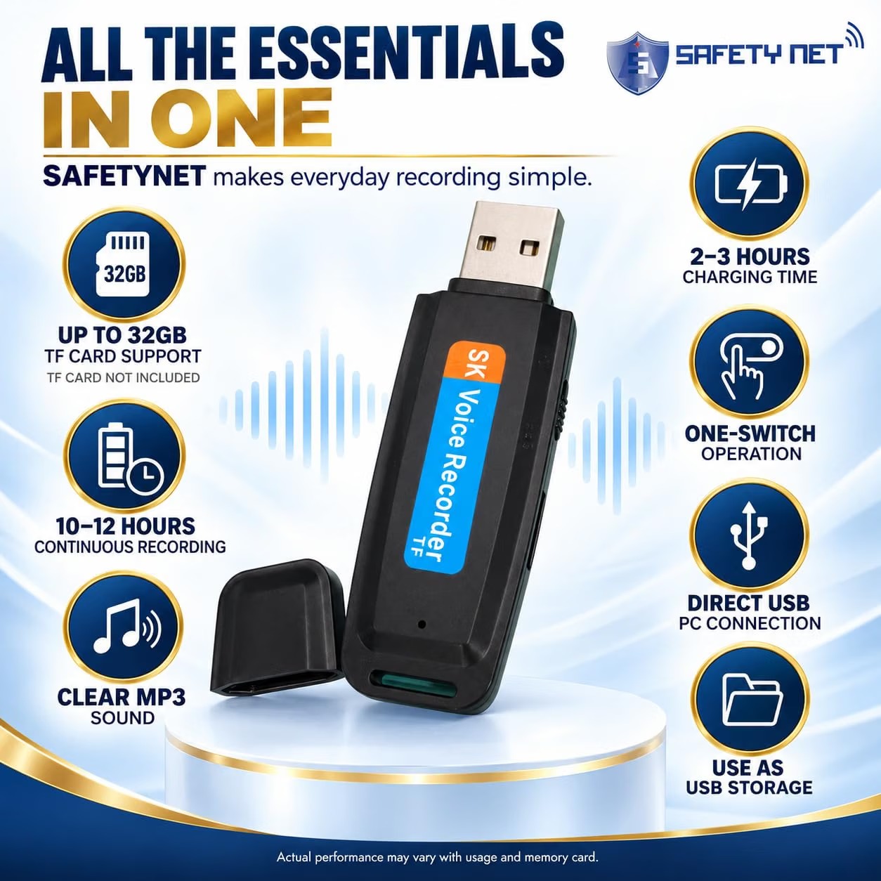 SPYTECTIFY Digital Voice Recorder 8GB, Audio Voice Activated MP3 Player with Android USB Port, Multi-Function Voice Recorder with Built-in Speaker, Including Cable and Headphones-Black-Silver