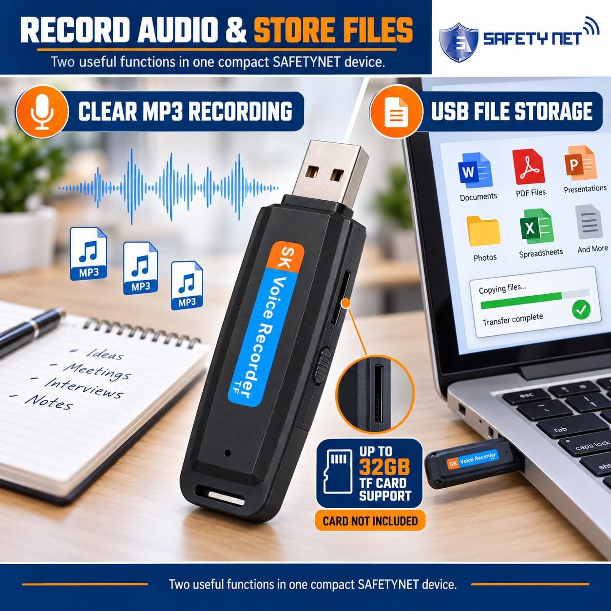 SPYTECTIFY Digital Voice Recorder 8GB, Audio Voice Activated MP3 Player with Android USB Port, Multi-Function Voice Recorder with Built-in Speaker, Including Cable and Headphones-Black-Silver