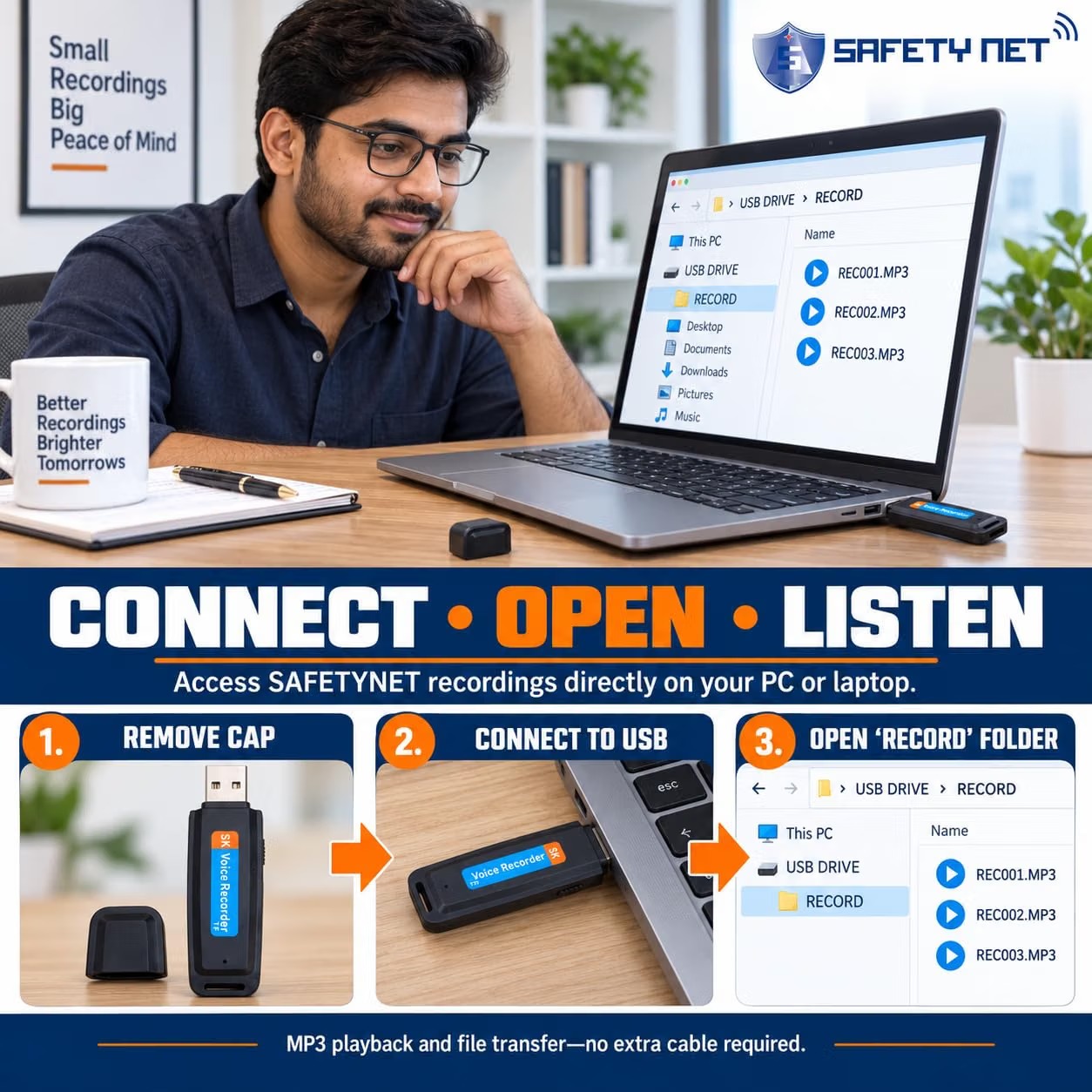 SPYTECTIFY Digital Voice Recorder 8GB, Audio Voice Activated MP3 Player with Android USB Port, Multi-Function Voice Recorder with Built-in Speaker, Including Cable and Headphones-Black-Silver
