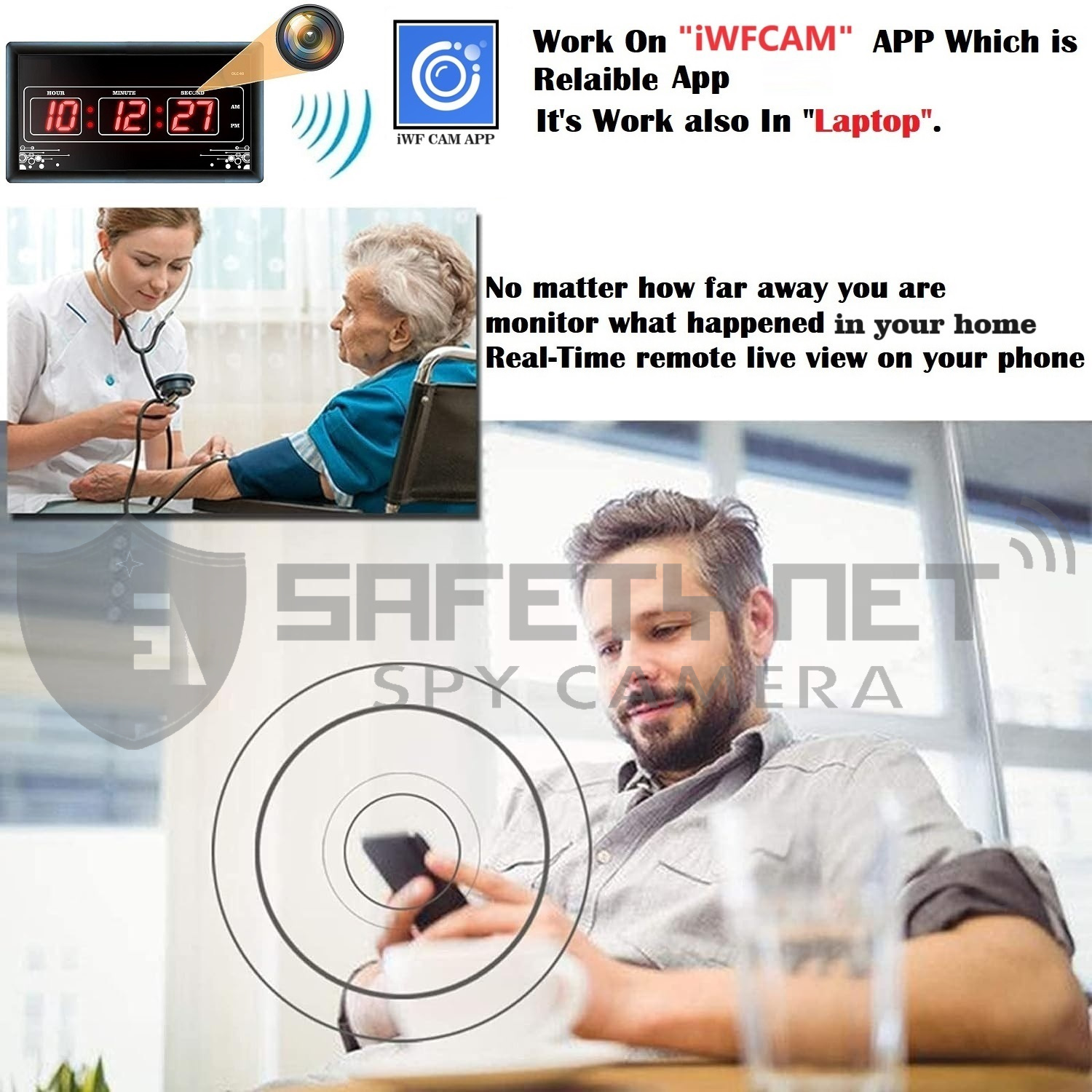 SAFETYNET Spy Camera 4K Spy WiFi Digital Wall Clock New Model 1080p HD Audio Video Recording Watch Live 24 Hours Surveillance Security Camera for Home Office Nanny Hidden Wireless Camera 64GB Supported.