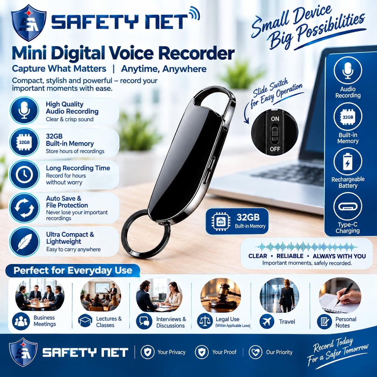 SAFETYNET Small Voice Activated Digital Key Chain Audio Recording Gadget|Mini Super Long Recorder|Crystal Clear Voice|Password Protection|Portable Device|for Home/Office/Meeting/Class