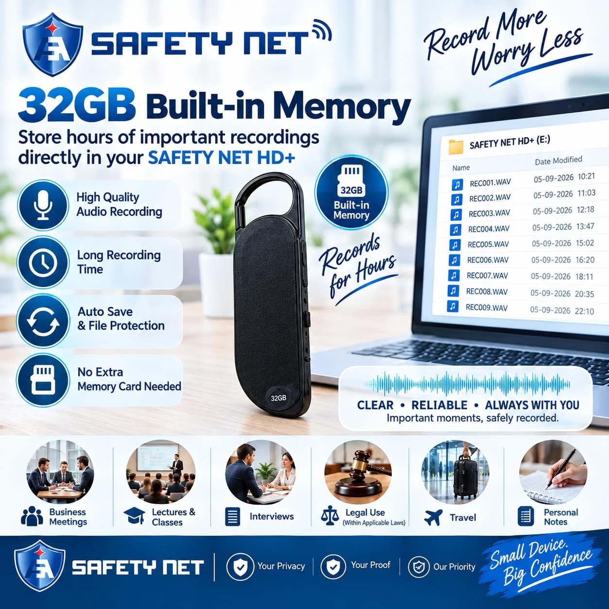 SAFETYNET Small Voice Activated Digital Key Chain Audio Recording Gadget|Mini Super Long Recorder|Crystal Clear Voice|Password Protection|Portable Device|for Home/Office/Meeting/Class