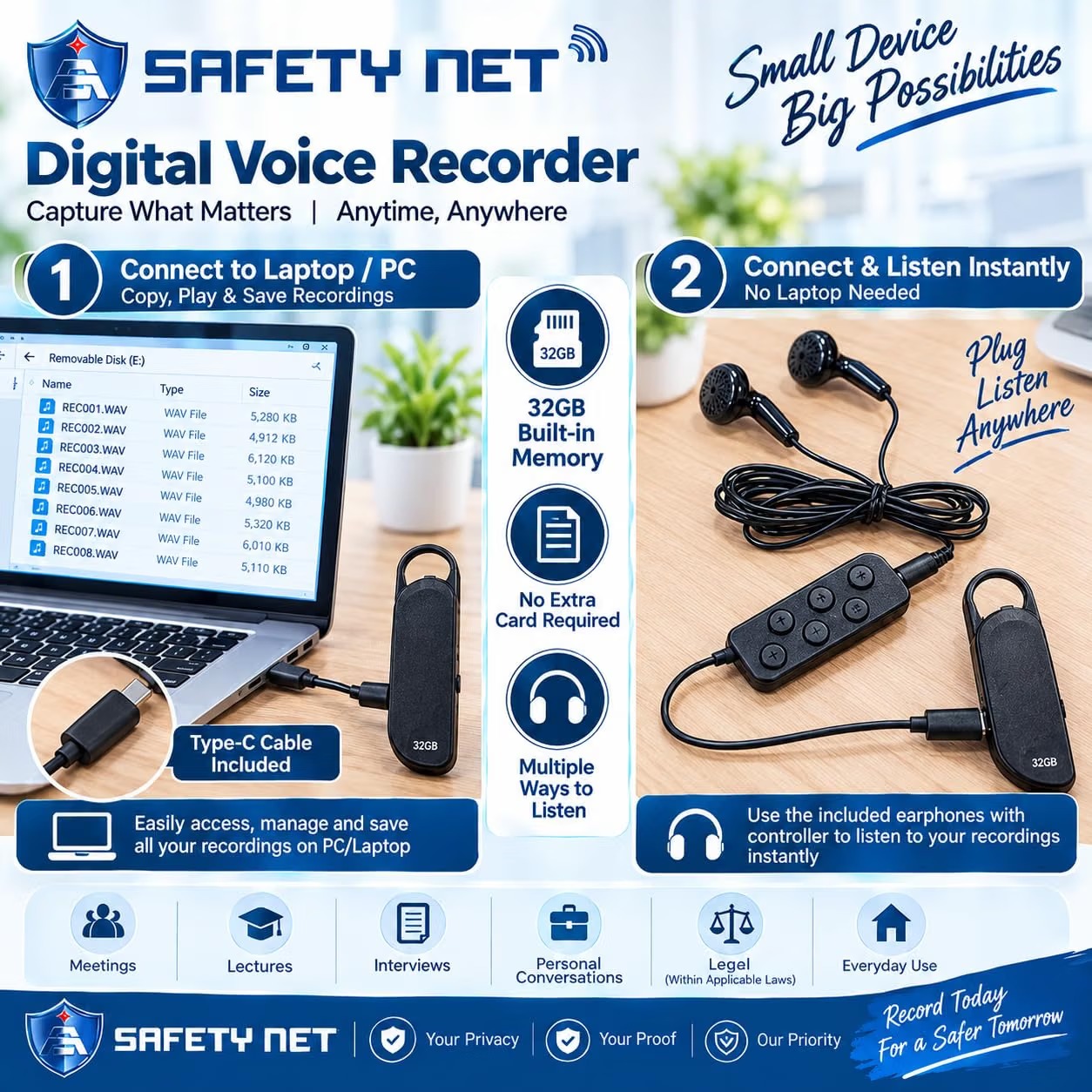 SAFETYNET Small Voice Activated Digital Key Chain Audio Recording Gadget|Mini Super Long Recorder|Crystal Clear Voice|Password Protection|Portable Device|for Home/Office/Meeting/Class