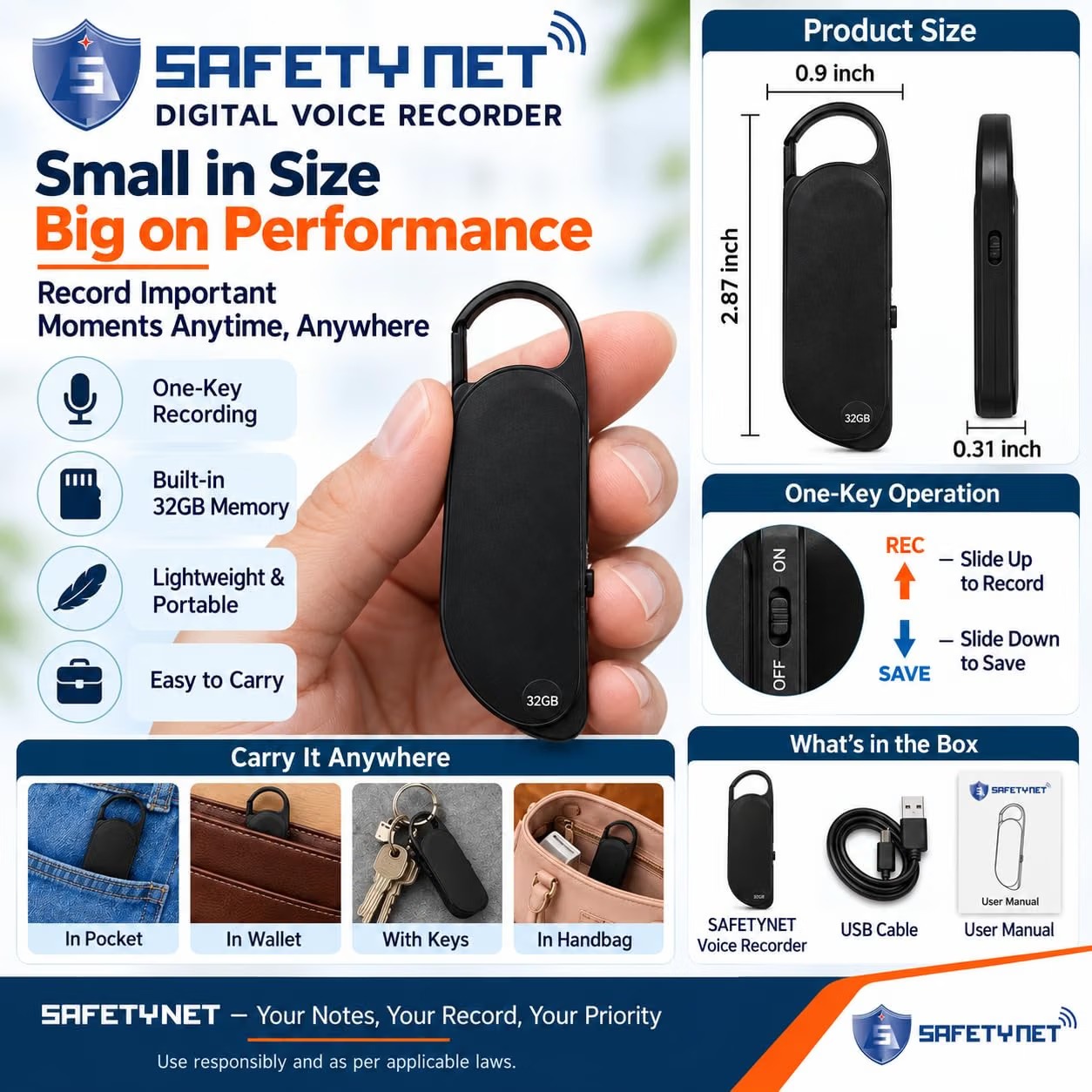 SAFETYNET Small Voice Activated Digital Key Chain Audio Recording Gadget|Mini Super Long Recorder|Crystal Clear Voice|Password Protection|Portable Device|for Home/Office/Meeting/Class