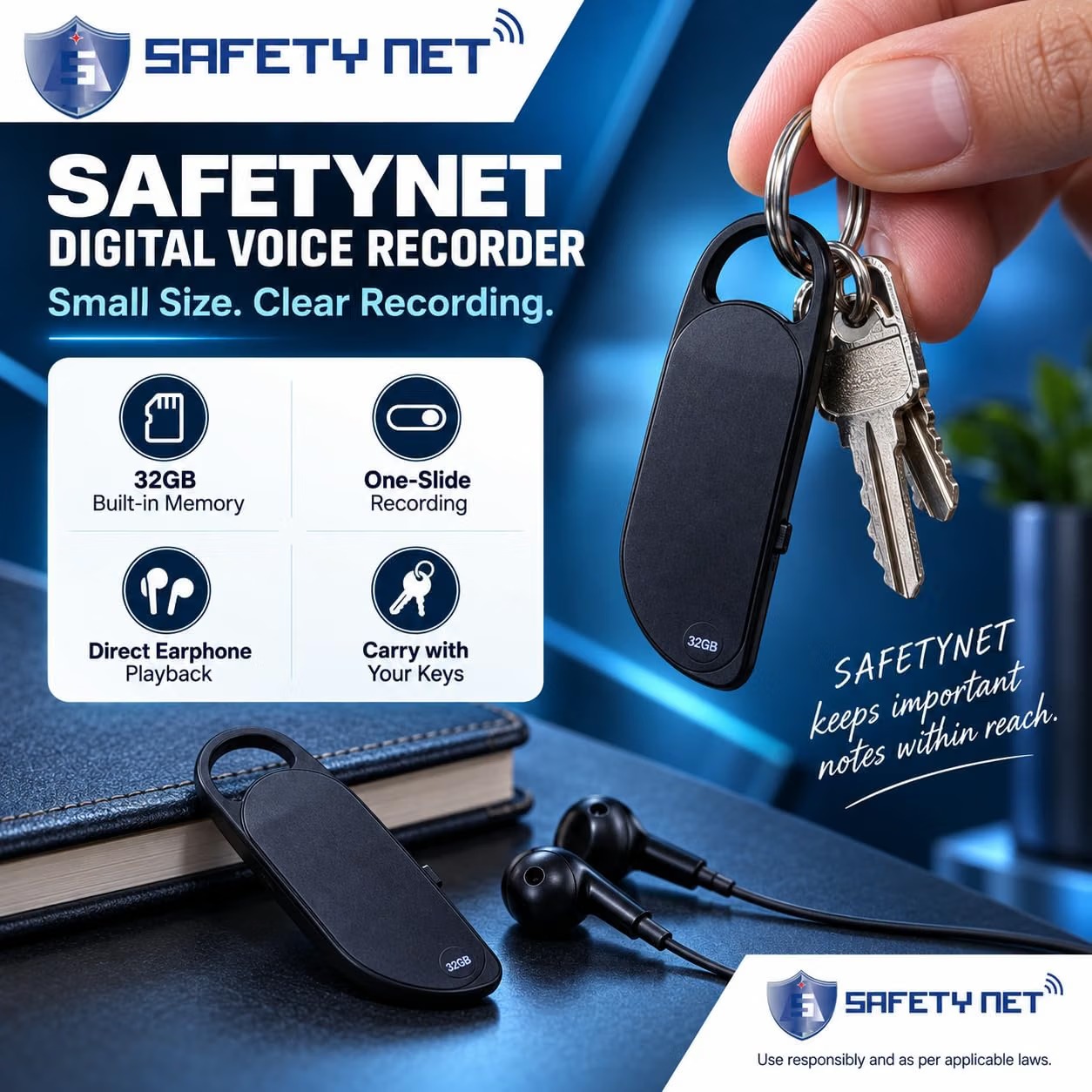 SAFETYNET Small Voice Activated Digital Key Chain Audio Recording Gadget|Mini Super Long Recorder|Crystal Clear Voice|Password Protection|Portable Device|for Home/Office/Meeting/Class