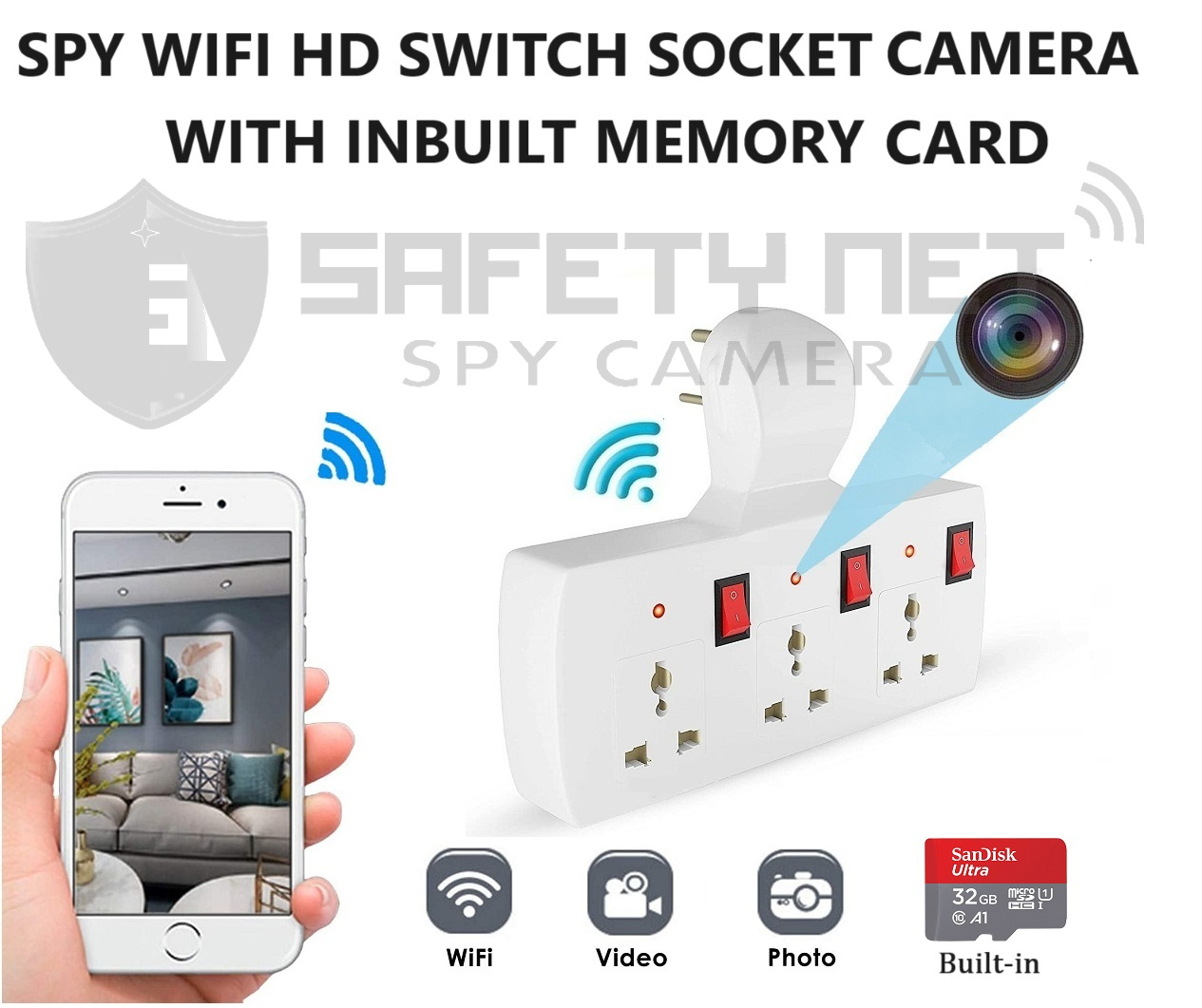 SAFETYNET Spy Camera 4K HD Wireless Hidden 3 Port Switch Board Camera Micro Mini Spy Cam Watch Live 24 Hrs Smallest Wi-Fi Security Cameras Portable Nanny Cam Baby Monitor with Motion Detection Alerts