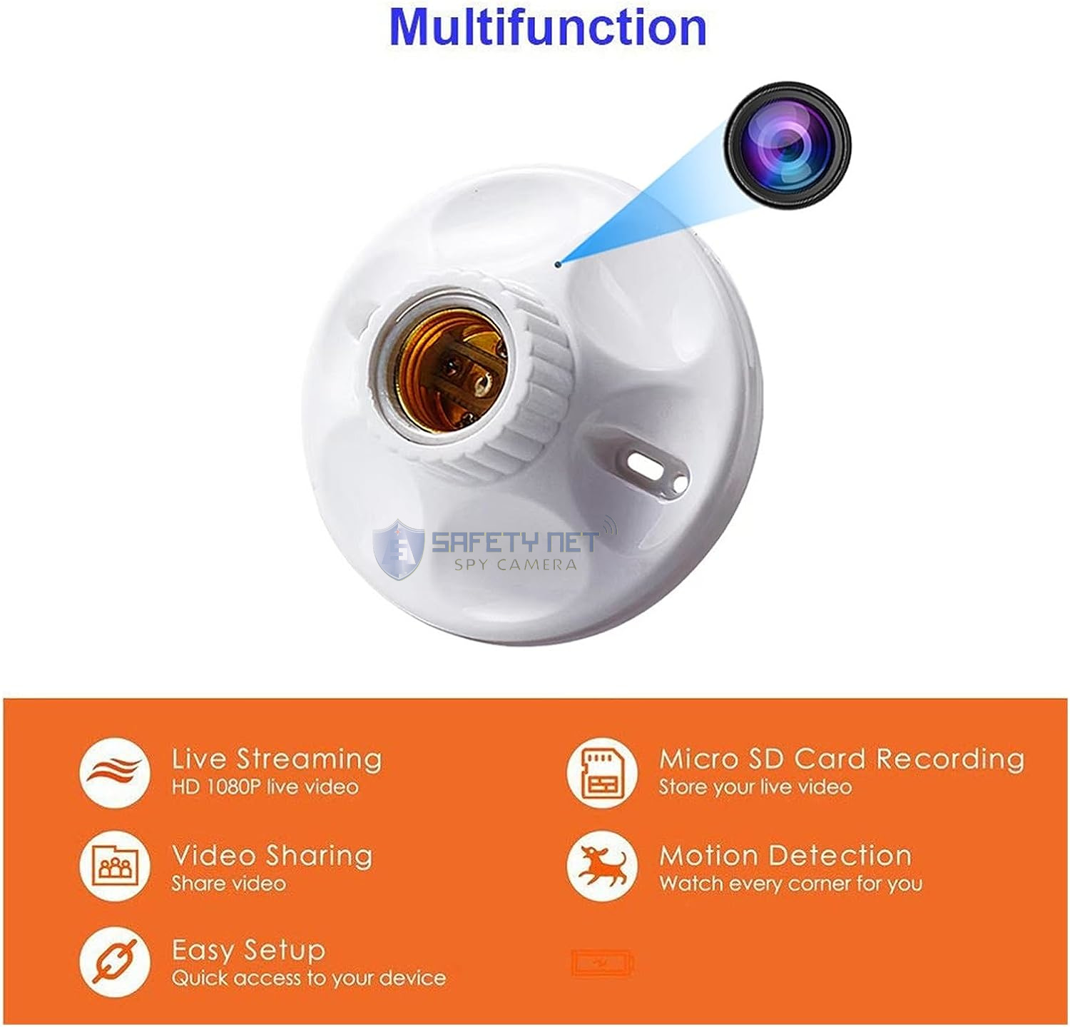 SAFETYNET 4K HD 1080P Wifi P2P Camera Wireless SPY Cam Lamp holder type Covert Monitor DVR Camera
