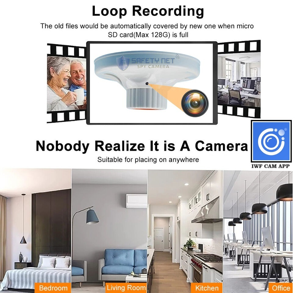 SAFETYNET 4K HD 1080P Wifi P2P Camera Wireless SPY Cam Lamp holder type Covert Monitor DVR Camera