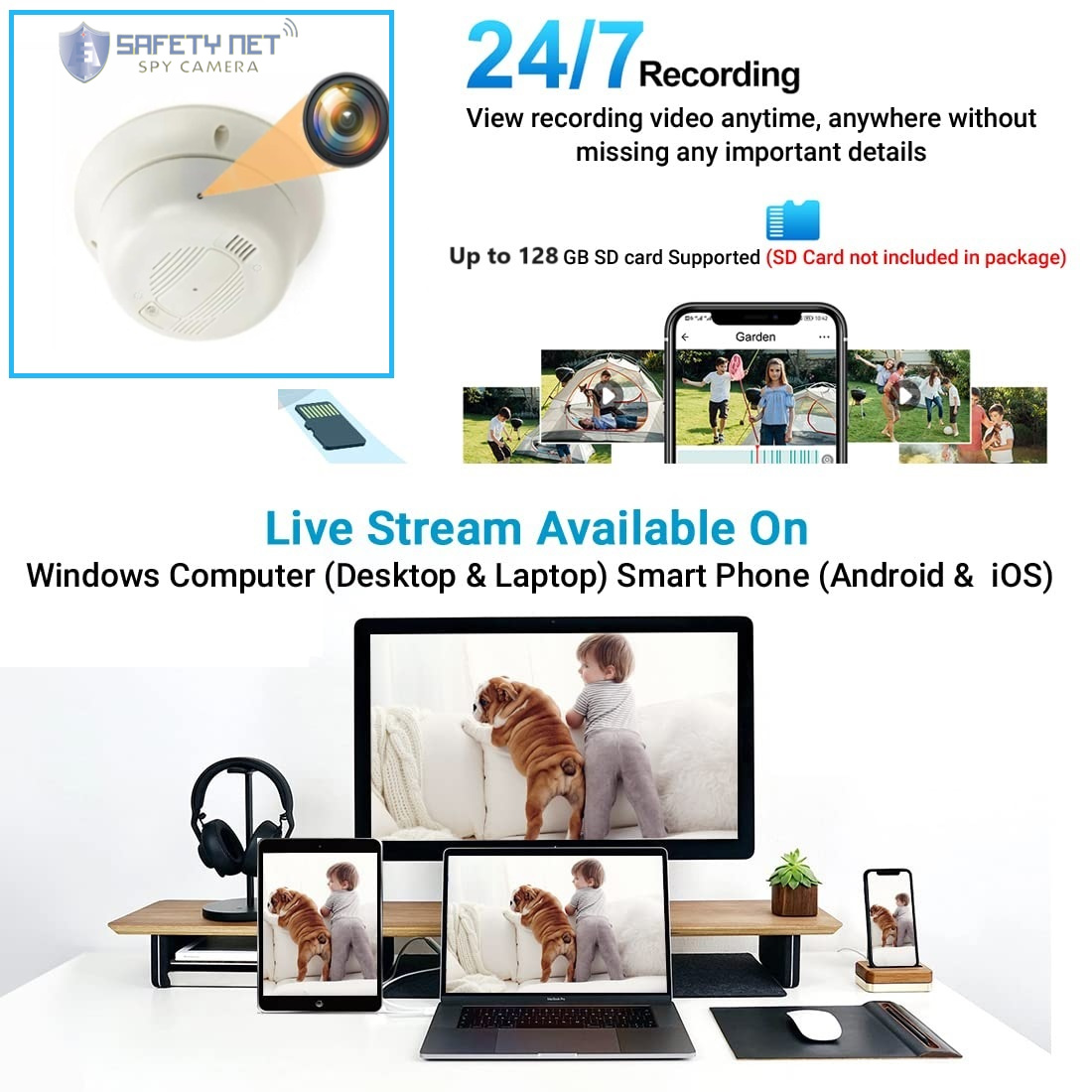 SAFETYNET  Hidden HD 1080P Wi-Fi Wireless Spy Camera Smoke Detector Camera 32GB Micro SD Card Supportable (White)(iWFCAM APP)
