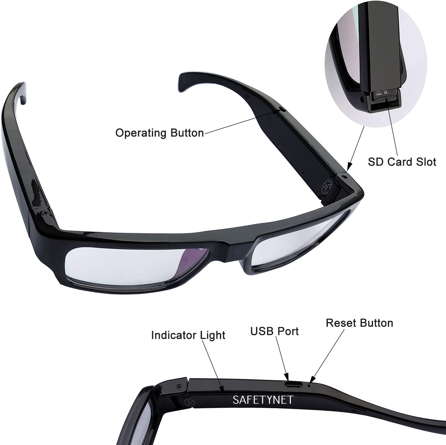 SAFETYNET Spy Camera Glasses with Video Support Up to 32GB TF Card 1080P Video Camera Glasses Portable Video Recorder