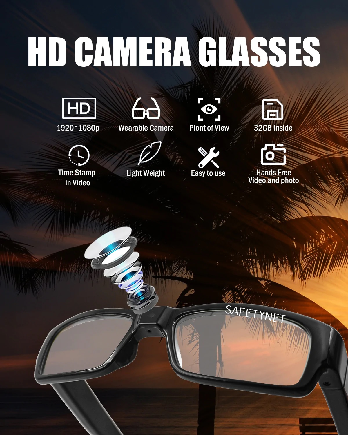 SAFETYNET Spy Camera Glasses with Video Support Up to 32GB TF Card 1080P Video Camera Glasses Portable Video Recorder