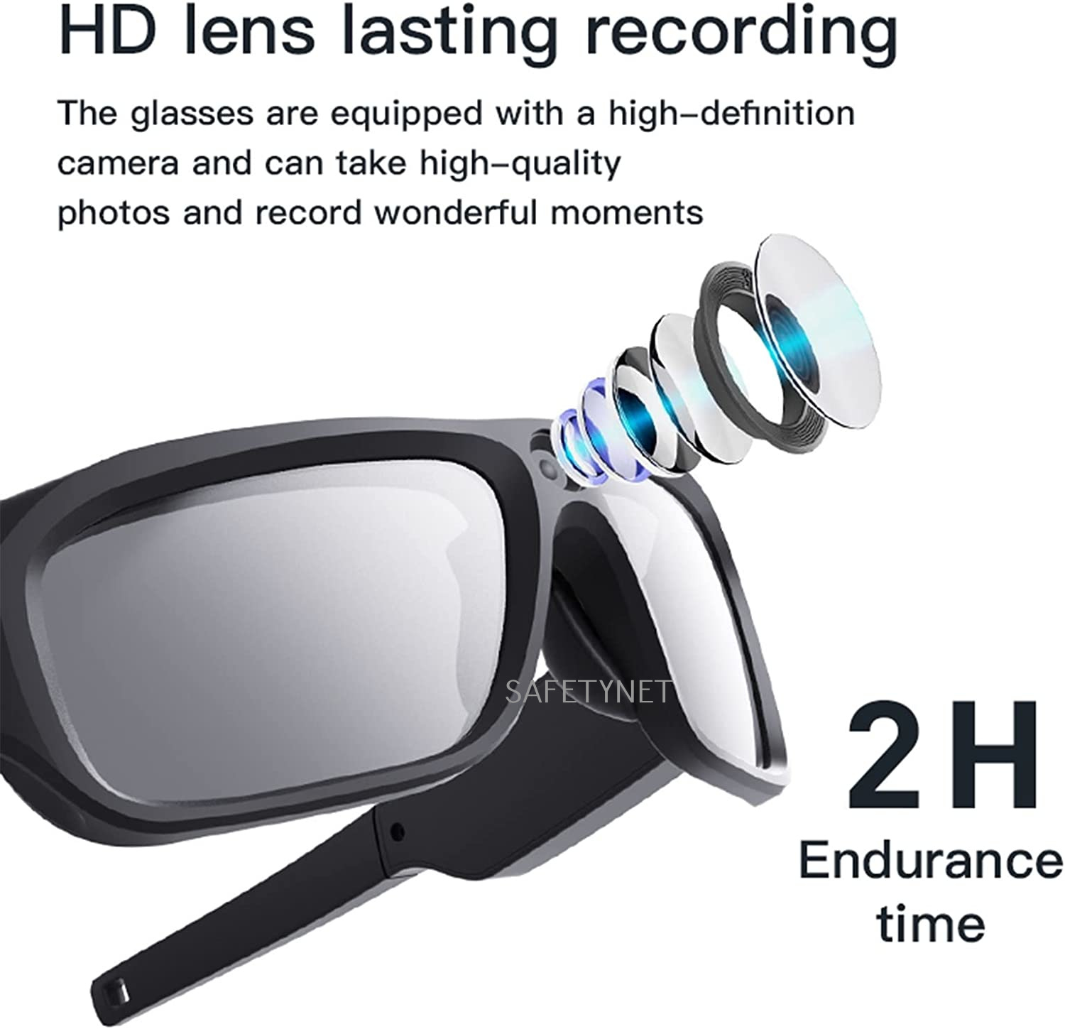 SAFETYNET Smart Camera Glasses, 4K Photo 2K HD Video Recording 2H Battery Life Micro USB Multi Function Sunglasses for Sports Cycling Fishing