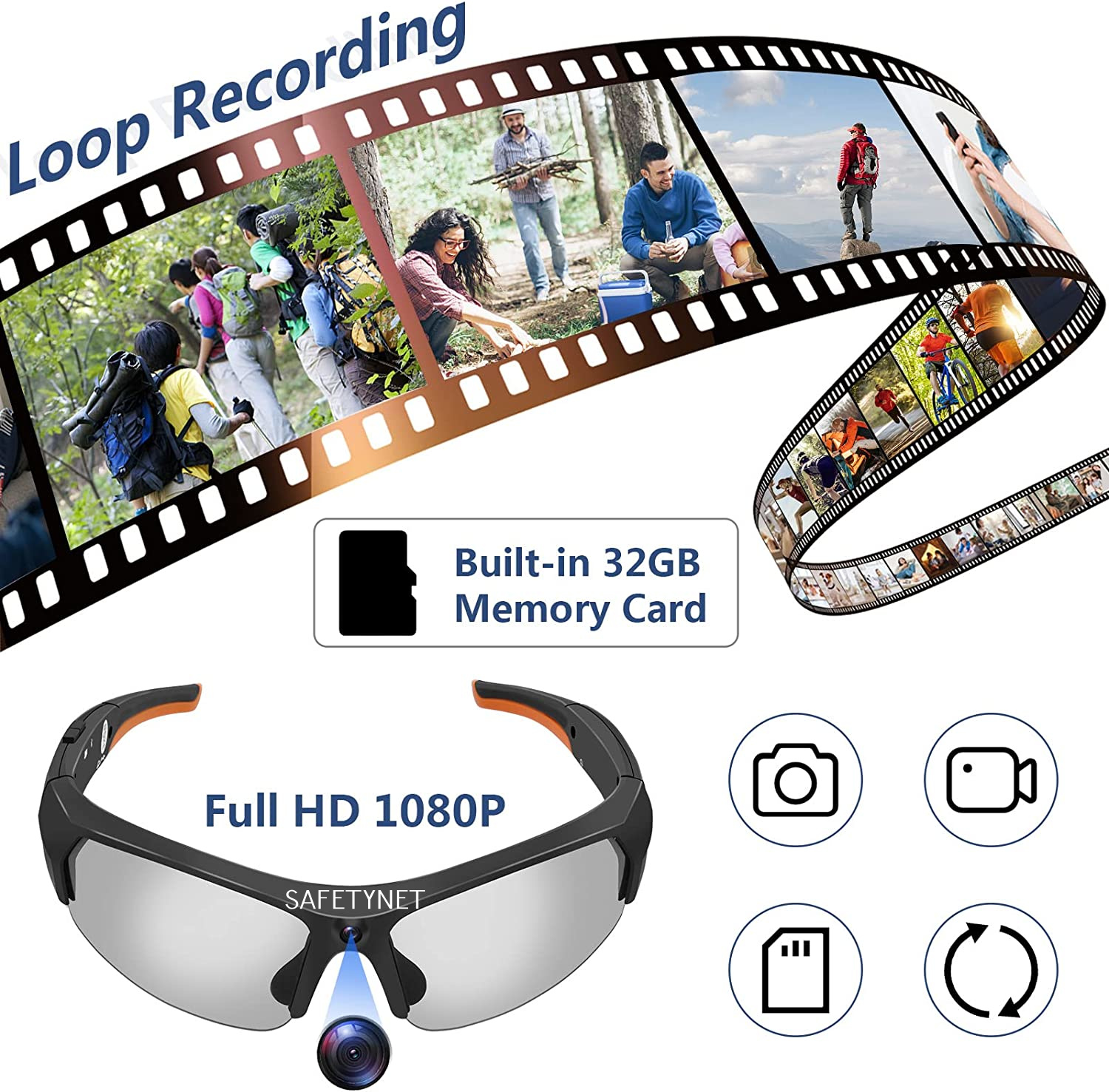 SAFETYNET 1080P Video Camera Glasses Bluetooth Sunglasses for Men Glasses with a Camera Built  IN  Memory Card for Sports & Outdoors