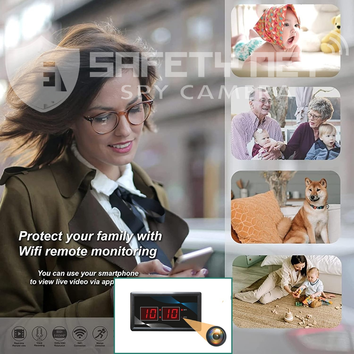 SAFETYNET Spy Camera 4K Spy WiFi Digital Wall Clock New Model 1080p HD Audio Video Recording Watch Live 24 Hours Surveillance Security Camera for Home Office Nanny Hidden Wireless Camera 64GB Supported.