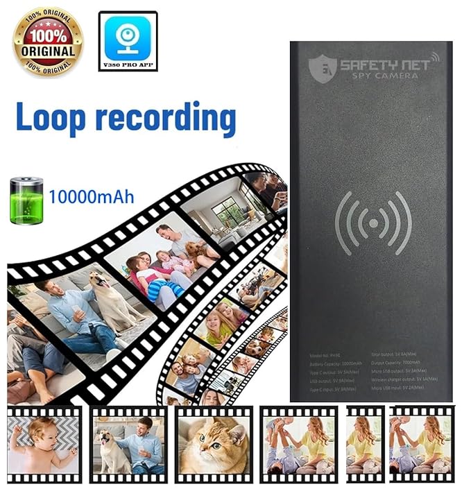 SAFETYNET Wi-Fi Hidden HD 1080P Spy Power Bank Camera Live View Real-time Monitoring Video and Audio Recording with Inbuilt 64GB SD Card Indoor Outdoor Security Camera