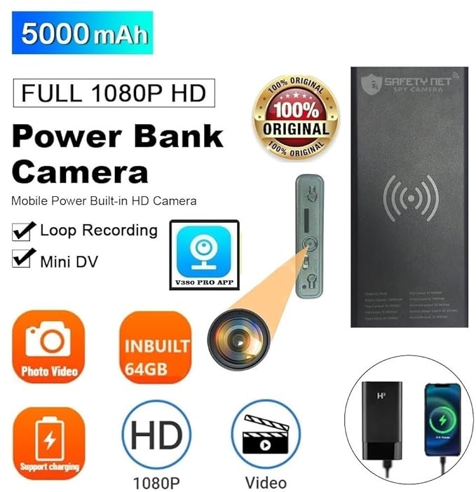 SAFETYNET Wi-Fi Hidden HD 1080P Spy Power Bank Camera Live View Real-time Monitoring Video and Audio Recording with Inbuilt 64GB SD Card Indoor Outdoor Security Camera