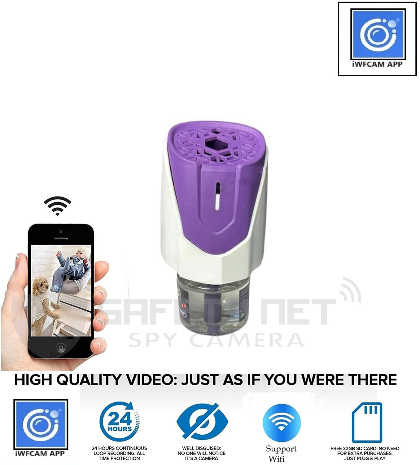 SAFETY NET, SPY CAMERA Wi-Fi Mosquito Repellent, 4k Hidden Camera with 32gb Built in Memory with Live Audio and Video, Motion Detection Home Security Wireless Wi-Fi Surveillance Camera (iWFCAM App)