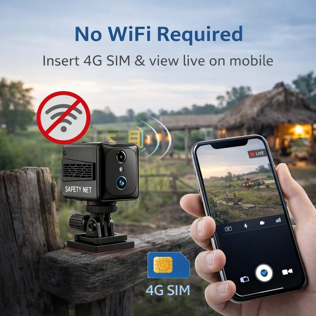SAFETYNET 4G SIM Security Camera 1080P HD Mini Wireless Spy Camera with Night Vision Motion Detection Two Way Audio Live Mobile Viewing Indoor Outdoor CCTV Supports 128GB SD Card
