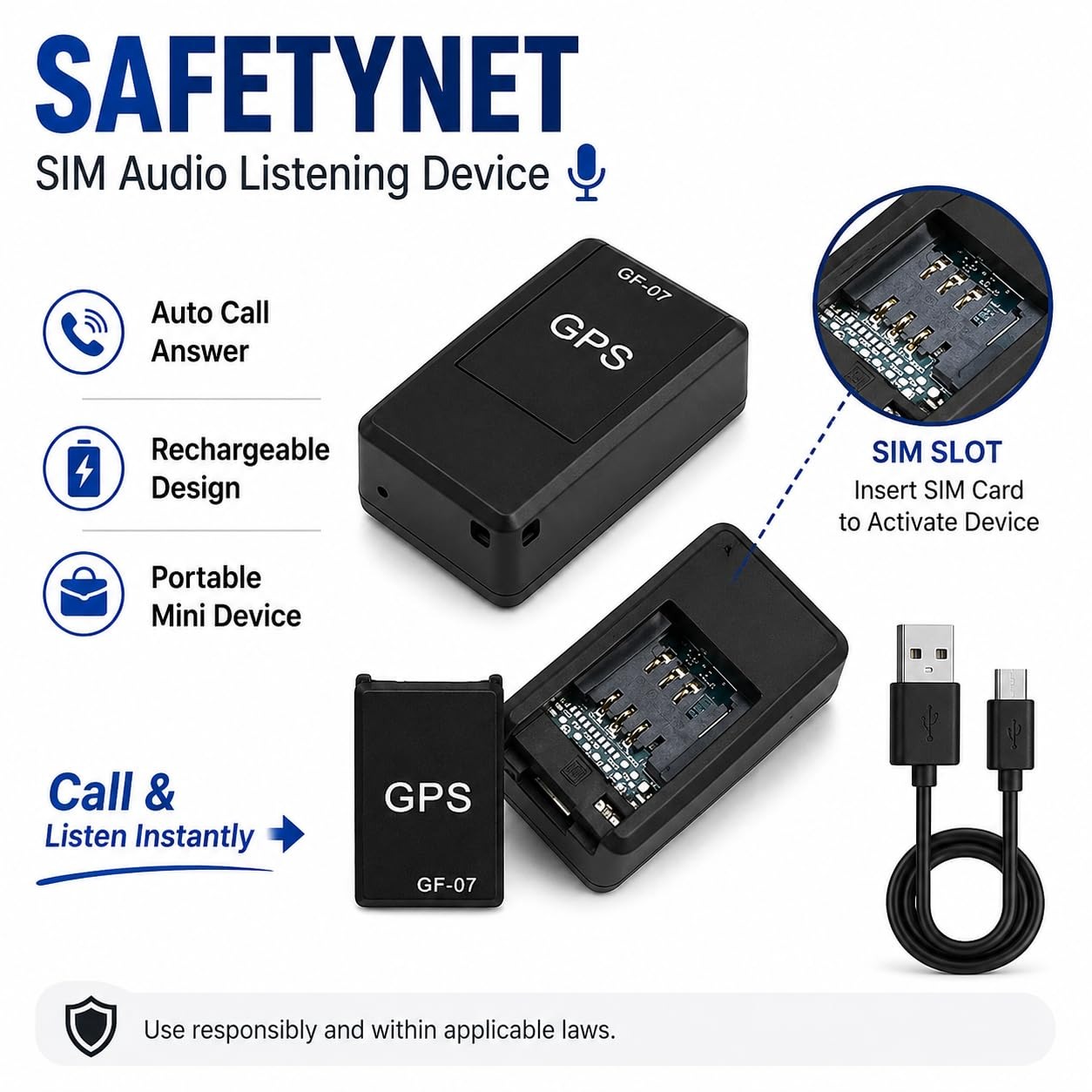 SAFETYNET GF-07 SIM Audio Listening Device | Rechargeable GSM SIM Based Portable Audio Monitor | Auto Call Answer | Compact Mini Sound Monitor for Home Office & Vehicle