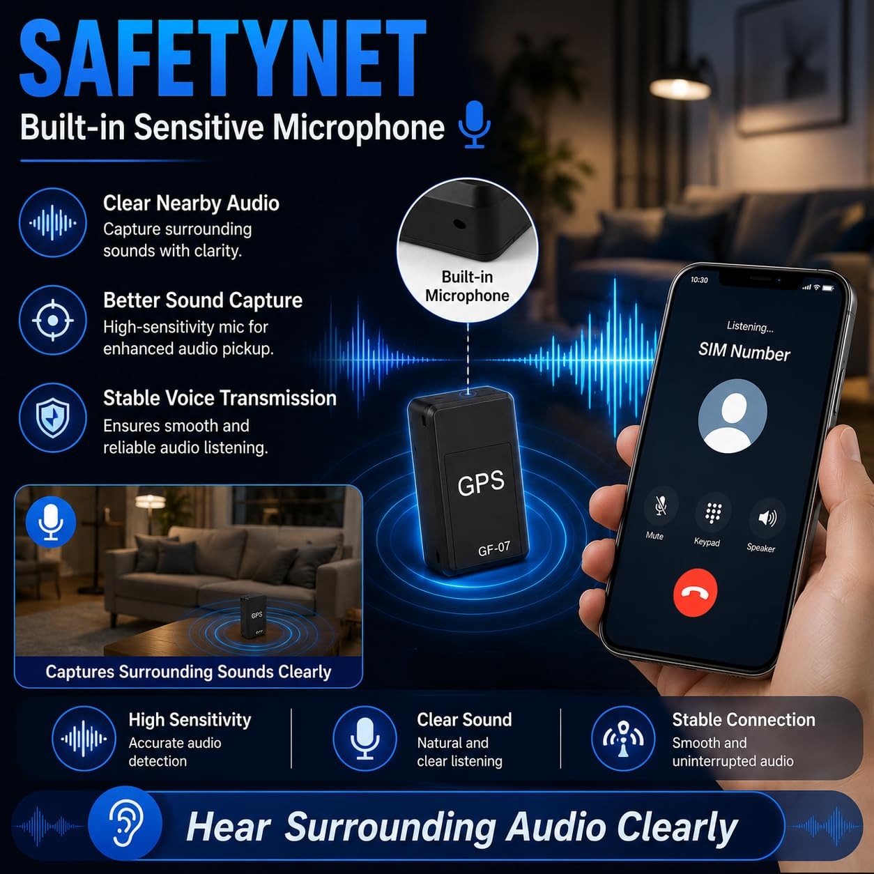SAFETYNET GF-07 SIM Audio Listening Device | Rechargeable GSM SIM Based Portable Audio Monitor | Auto Call Answer | Compact Mini Sound Monitor for Home Office & Vehicle