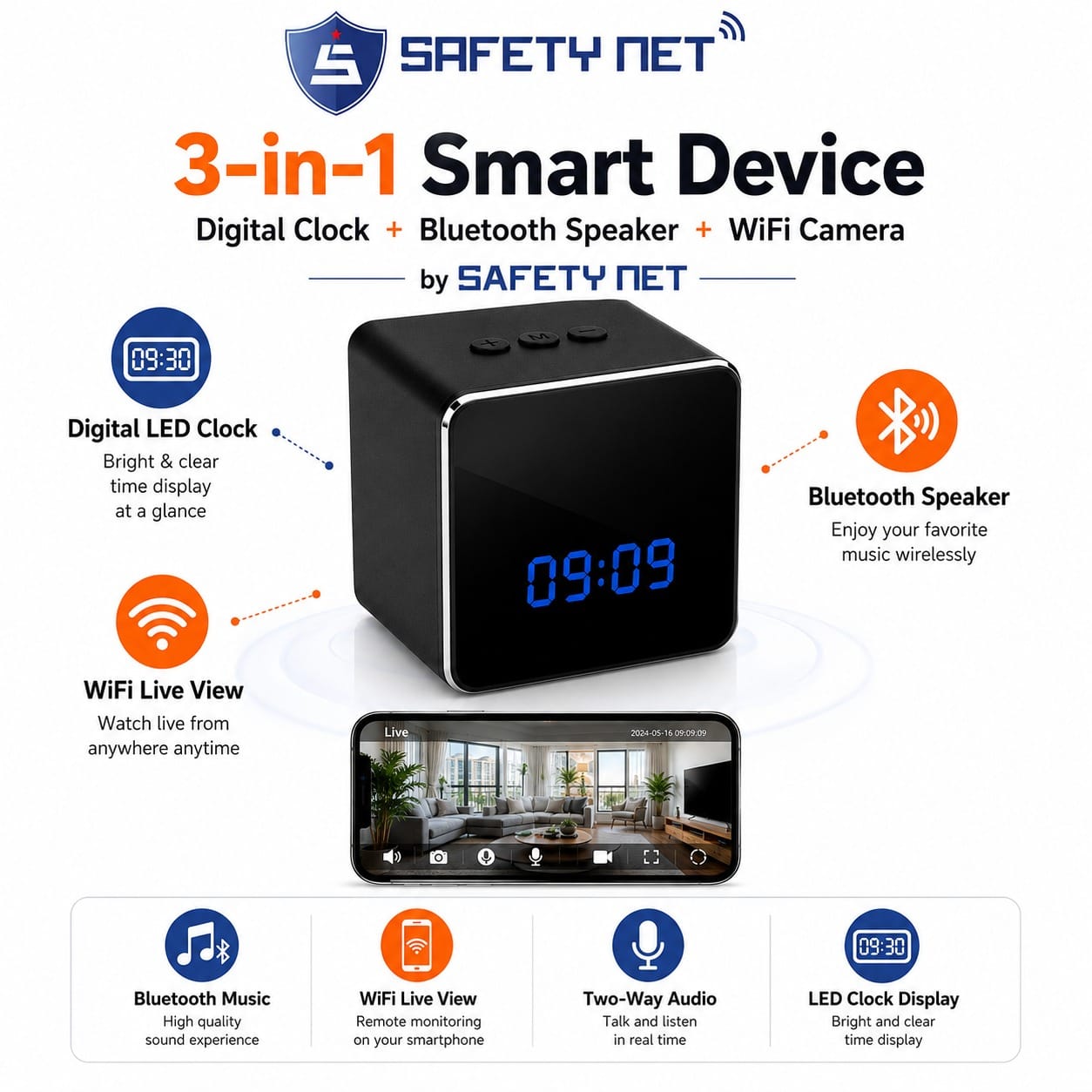 SAFETYNET 4K WiFi Table Clock Camera with Bluetooth Speaker, Motion Detection & Remote Live View