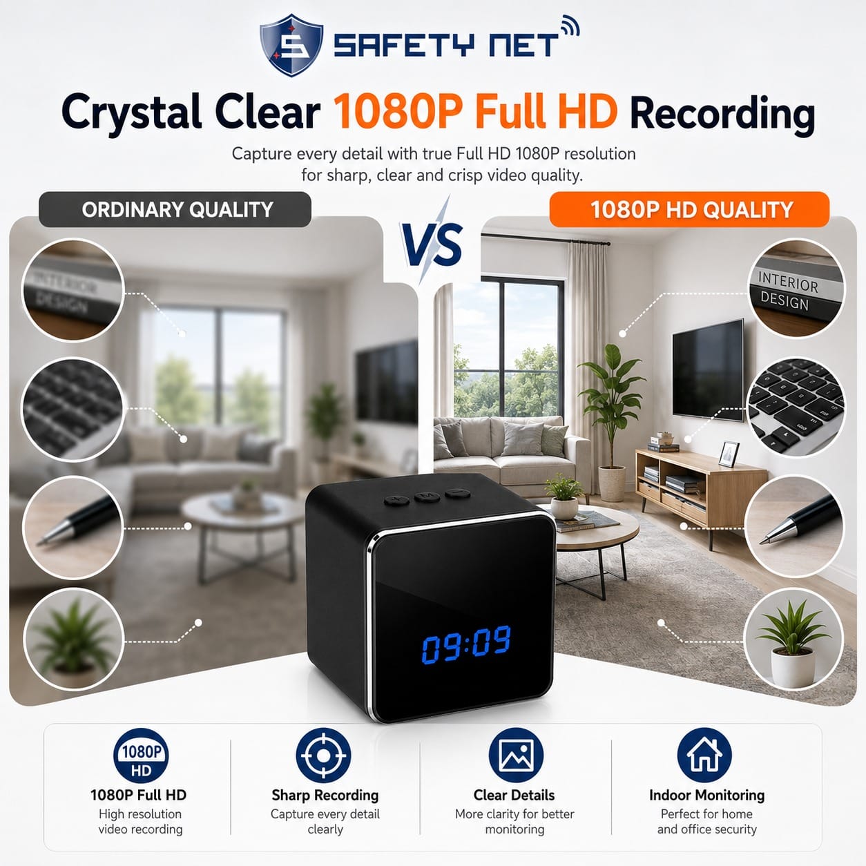 SAFETYNET 4K WiFi Table Clock Camera with Bluetooth Speaker, Motion Detection & Remote Live View