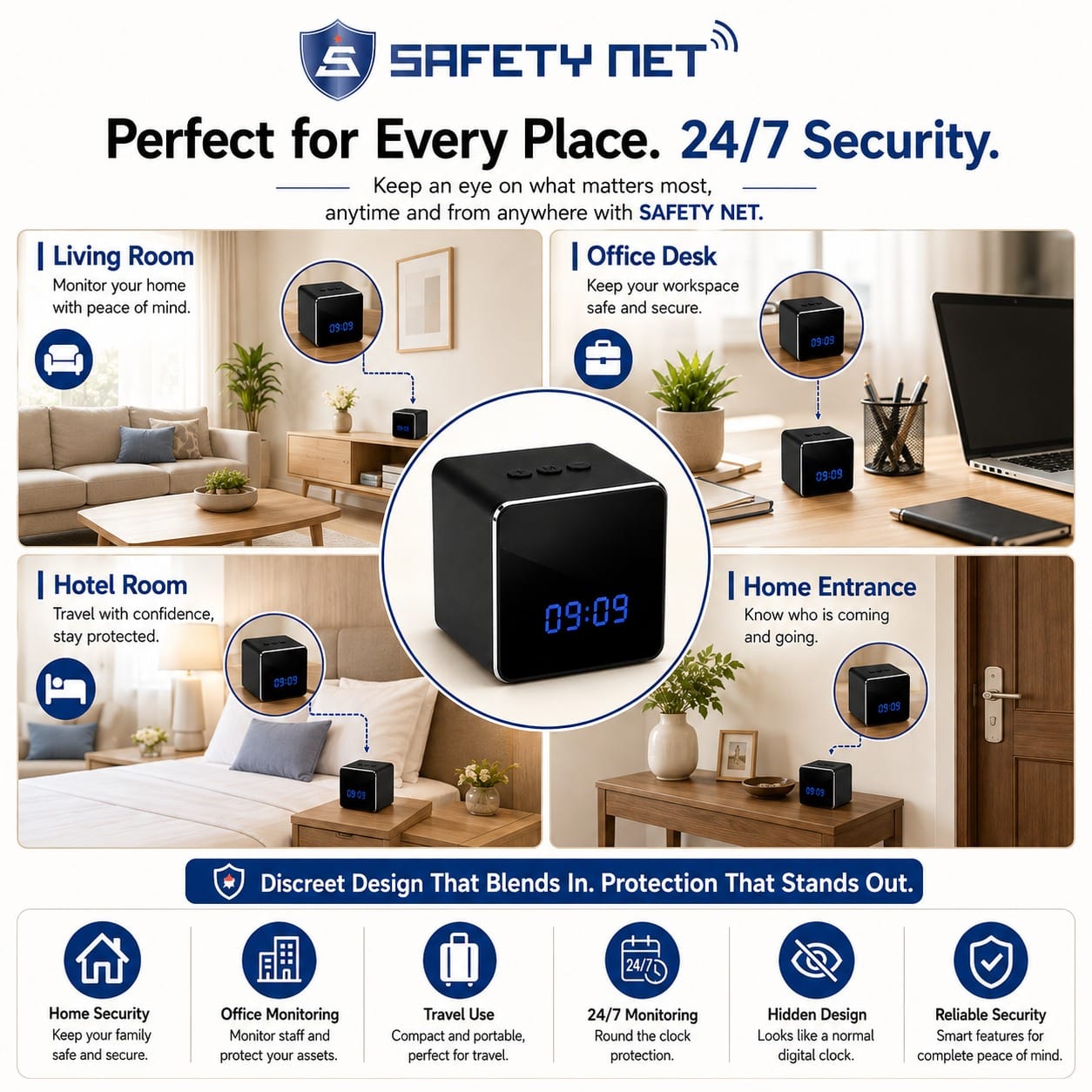 SAFETYNET 4K WiFi Table Clock Camera with Bluetooth Speaker, Motion Detection & Remote Live View