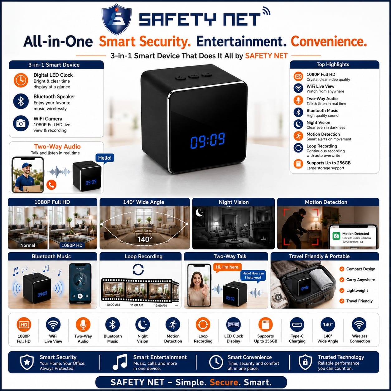 SAFETYNET 4K WiFi Table Clock Camera with Bluetooth Speaker, Motion Detection & Remote Live View