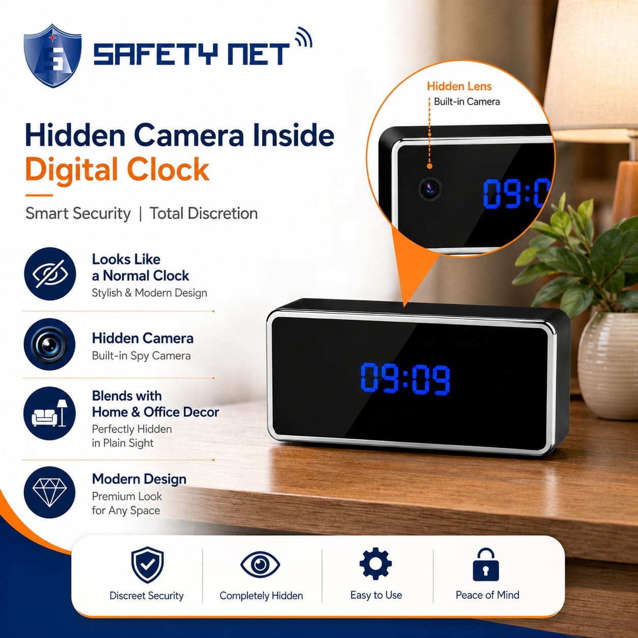 SAFETYNET WiFi Spy Clock Camera 1080P Full HD, Hidden Camera with Live View, 2 Way Audio, Motion Detection, Night Vision, Indoor WiFi Security Camera, Supports 256GB Micro SD Card