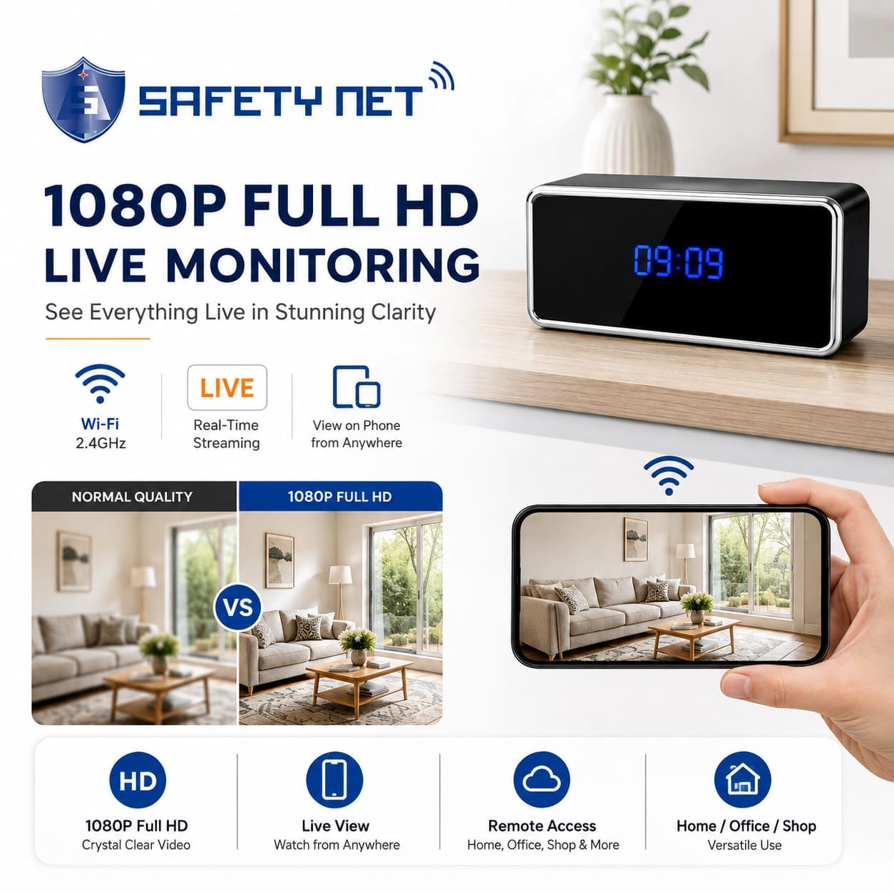SAFETYNET WiFi Spy Clock Camera 1080P Full HD, Hidden Camera with Live View, 2 Way Audio, Motion Detection, Night Vision, Indoor WiFi Security Camera, Supports 256GB Micro SD Card