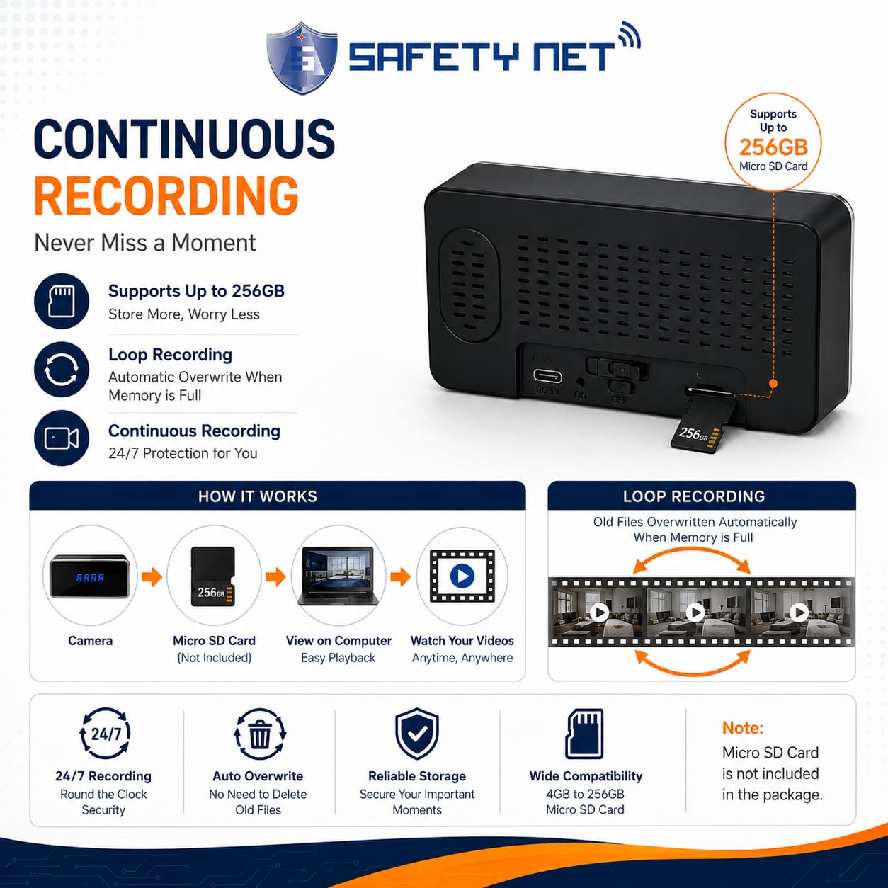 SAFETYNET WiFi Spy Clock Camera 1080P Full HD, Hidden Camera with Live View, 2 Way Audio, Motion Detection, Night Vision, Indoor WiFi Security Camera, Supports 256GB Micro SD Card
