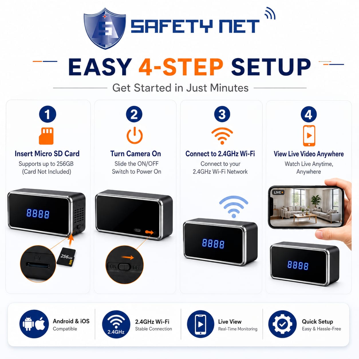 SAFETYNET WiFi Spy Clock Camera 1080P Full HD, Hidden Camera with Live View, 2 Way Audio, Motion Detection, Night Vision, Indoor WiFi Security Camera, Supports 256GB Micro SD Card