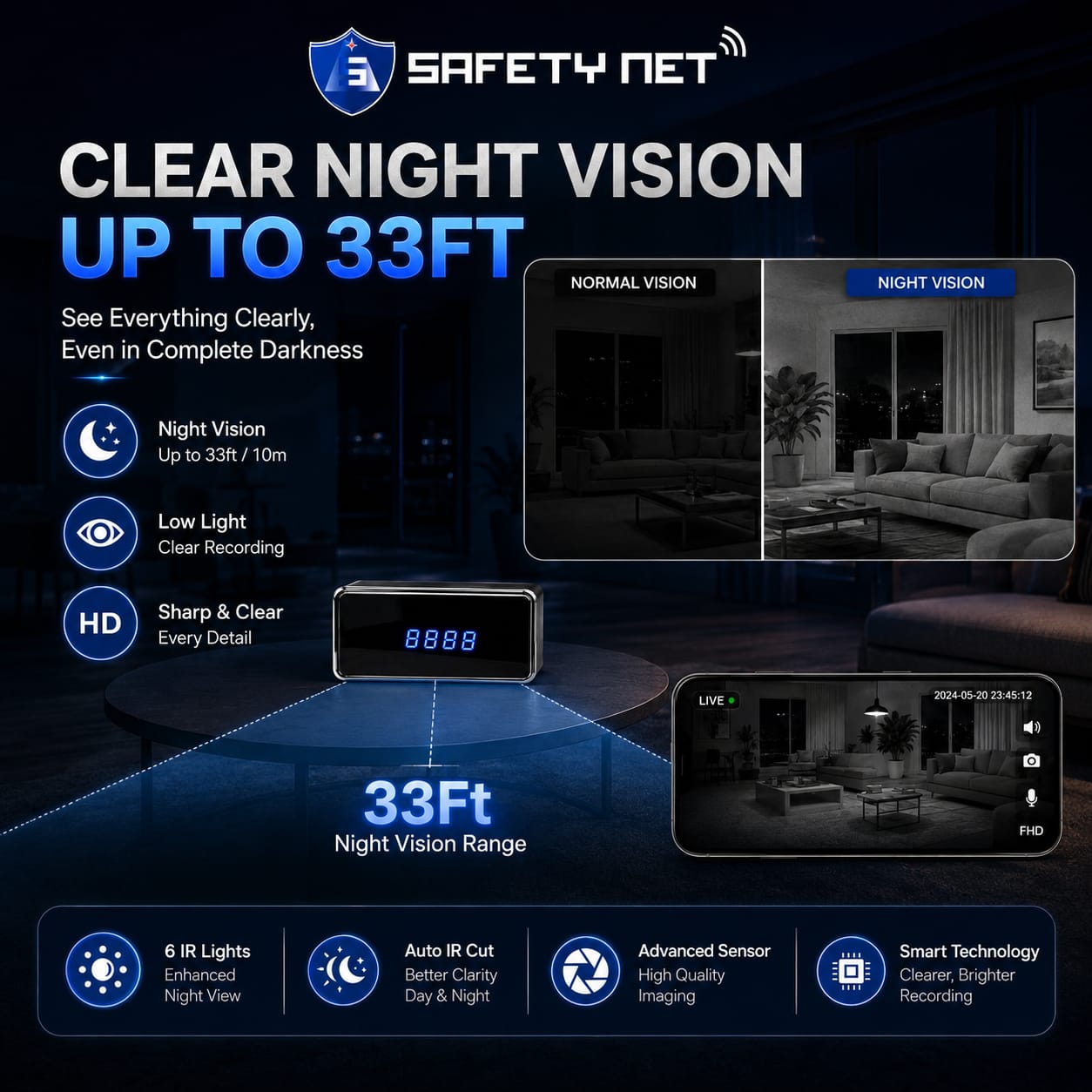 SAFETYNET WiFi Spy Clock Camera 1080P Full HD, Hidden Camera with Live View, 2 Way Audio, Motion Detection, Night Vision, Indoor WiFi Security Camera, Supports 256GB Micro SD Card