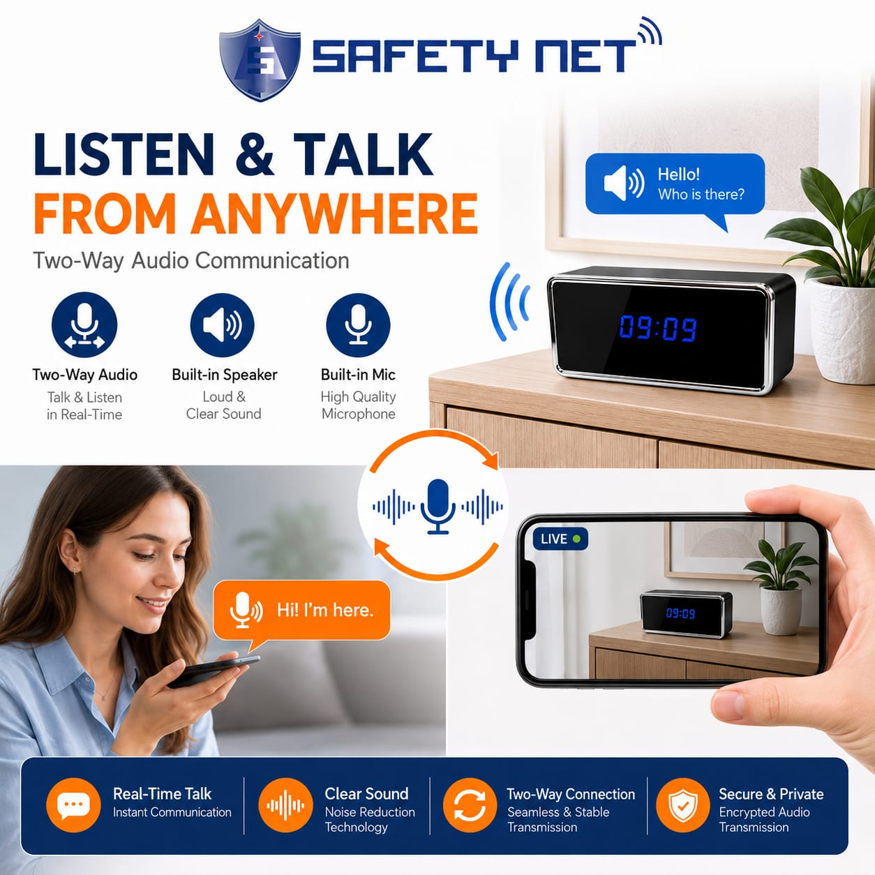 SAFETYNET WiFi Spy Clock Camera 1080P Full HD, Hidden Camera with Live View, 2 Way Audio, Motion Detection, Night Vision, Indoor WiFi Security Camera, Supports 256GB Micro SD Card