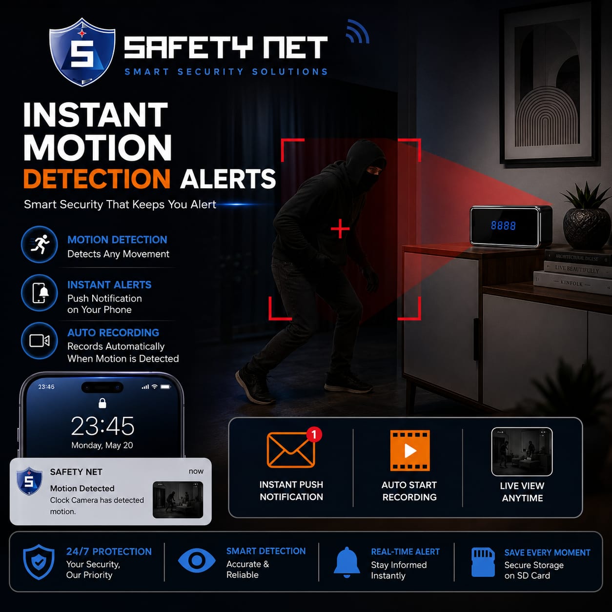 SAFETYNET WiFi Spy Clock Camera 1080P Full HD, Hidden Camera with Live View, 2 Way Audio, Motion Detection, Night Vision, Indoor WiFi Security Camera, Supports 256GB Micro SD Card