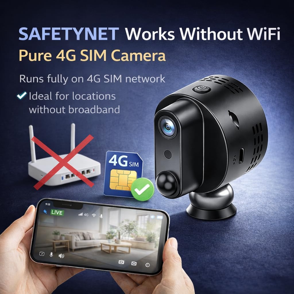 SAFETYNET 4G SIM Based Smart Security Camera | Full HD 1080p Video | 4G SIM Dual Mode Camera | Night Vision | Motion Detection | Two Way Audio | Support 256GB Memory Card | Magnetic Mini Camera 