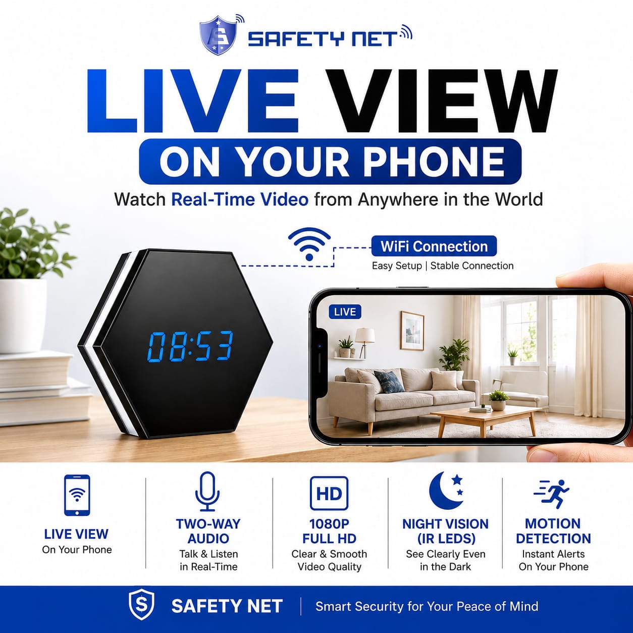 SAFETYNET WiFi Spy Hidden Table Clock Camera with 1080P HD Video, Two Way Audio, Motion Detection, 256GB TF Card Support, RGB Night Light, Mobile Live View, Digital LED Clock for Home & Office