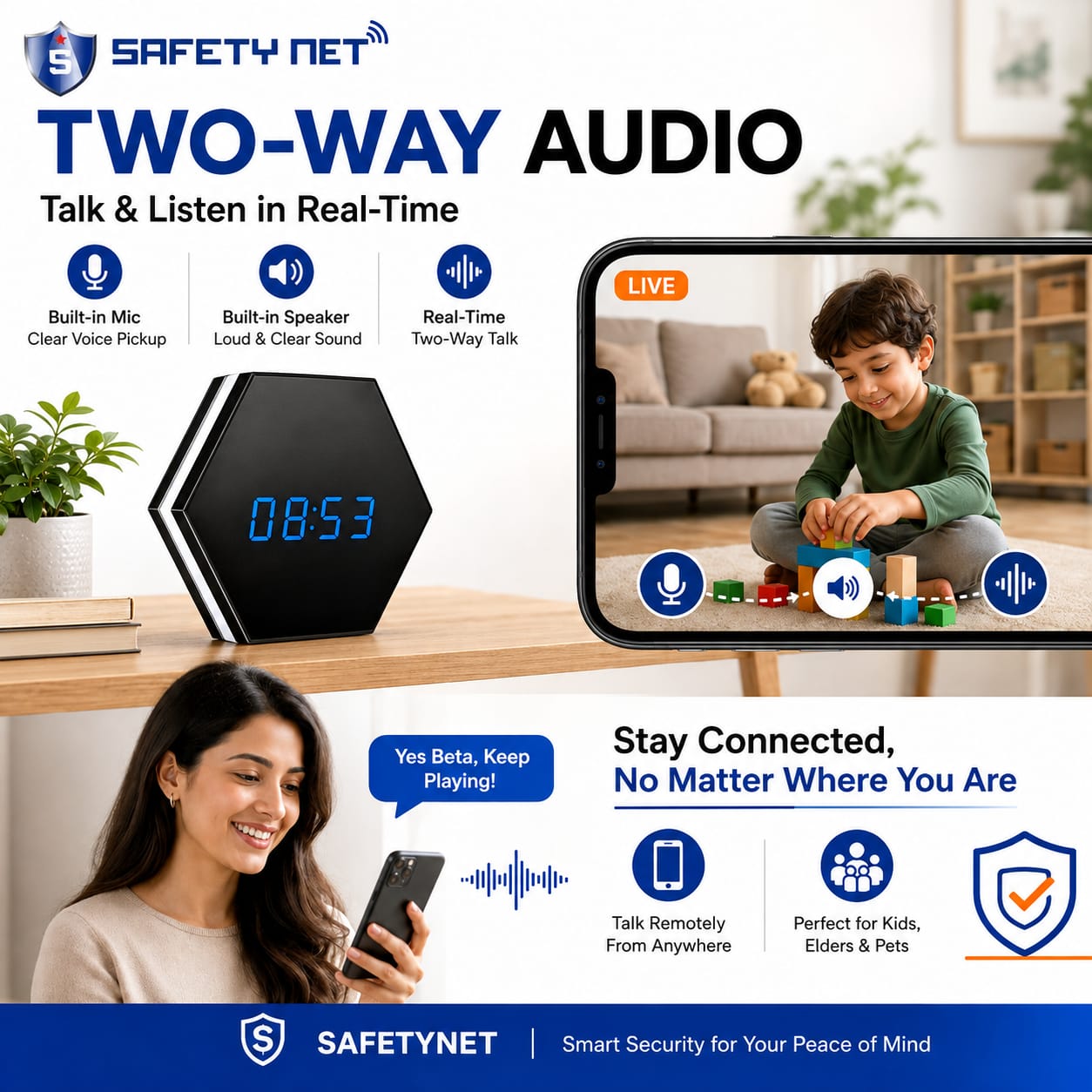 SAFETYNET WiFi Spy Hidden Table Clock Camera with 1080P HD Video, Two Way Audio, Motion Detection, 256GB TF Card Support, RGB Night Light, Mobile Live View, Digital LED Clock for Home & Office