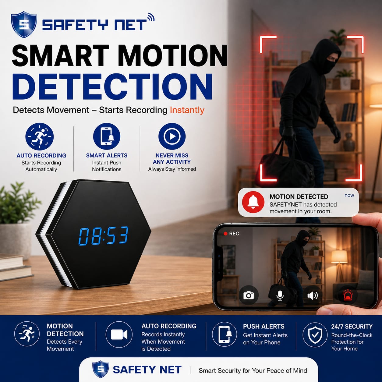 SAFETYNET WiFi Spy Hidden Table Clock Camera with 1080P HD Video, Two Way Audio, Motion Detection, 256GB TF Card Support, RGB Night Light, Mobile Live View, Digital LED Clock for Home & Office