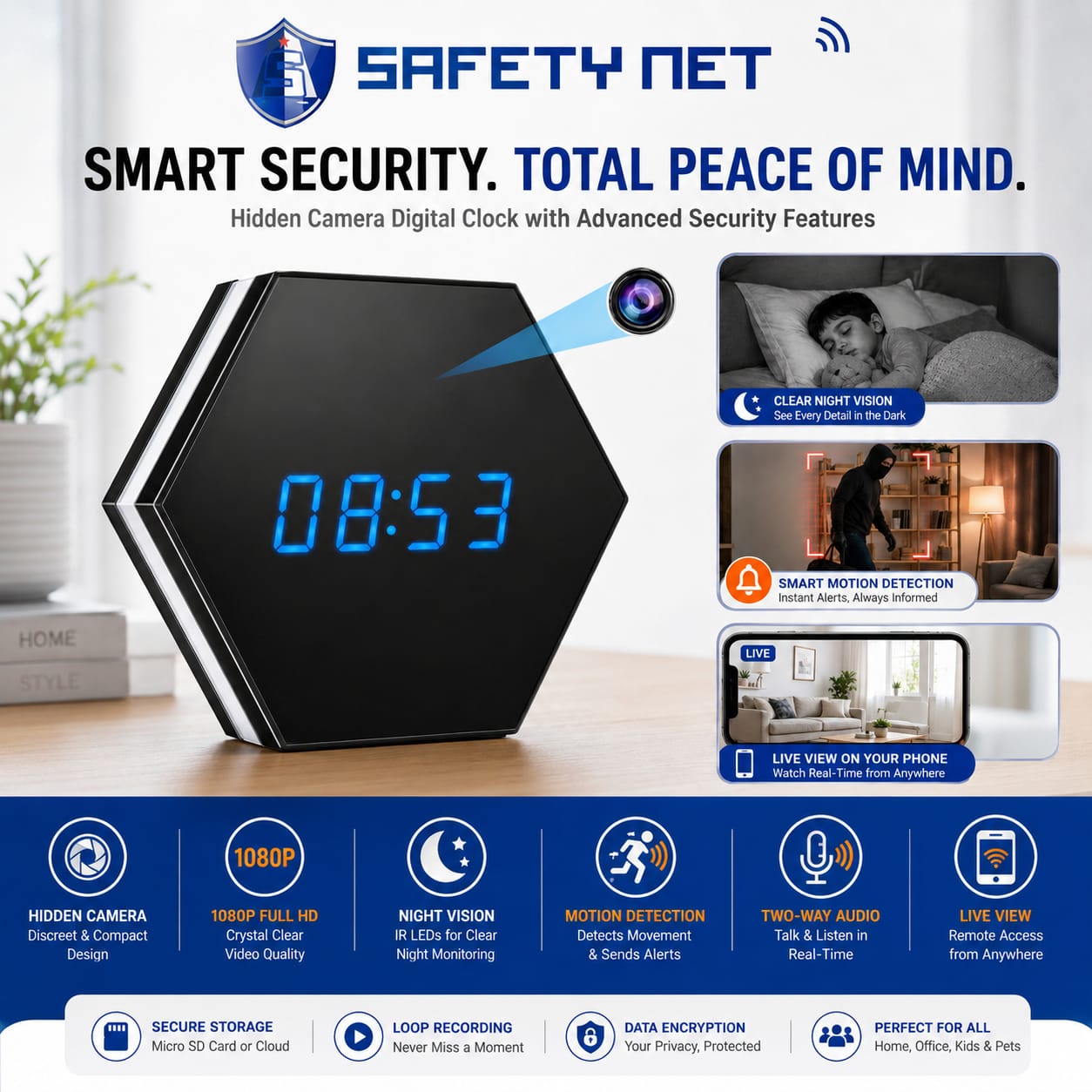 SAFETYNET WiFi Spy Hidden Table Clock Camera with 1080P HD Video, Two Way Audio, Motion Detection, 256GB TF Card Support, RGB Night Light, Mobile Live View, Digital LED Clock for Home & Office