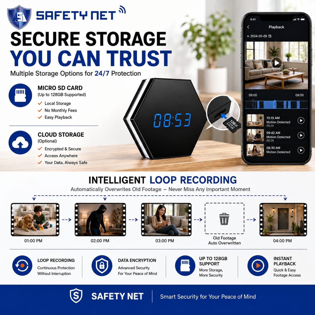 SAFETYNET WiFi Spy Hidden Table Clock Camera with 1080P HD Video, Two Way Audio, Motion Detection, 256GB TF Card Support, RGB Night Light, Mobile Live View, Digital LED Clock for Home & Office