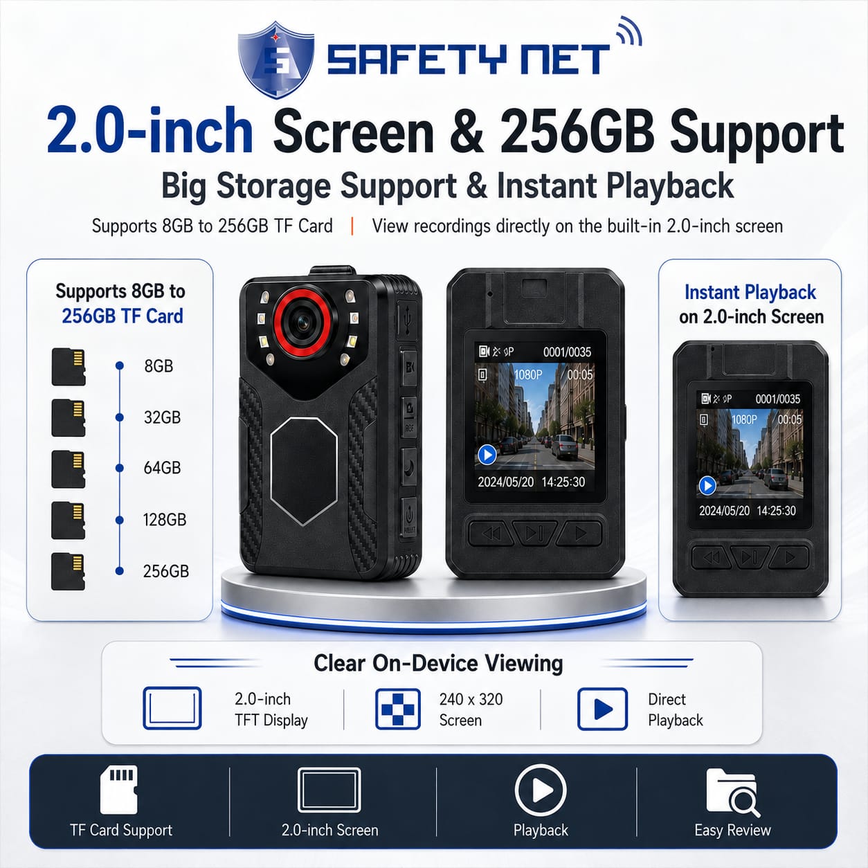 SAFETYNET SF-01 Body Worn Camera – 1080P Full HD Wearable Video & Audio Recorder with 2.0" LCD Screen, Clip-On Design, Rotatable Lens, 32GB–256GB Support