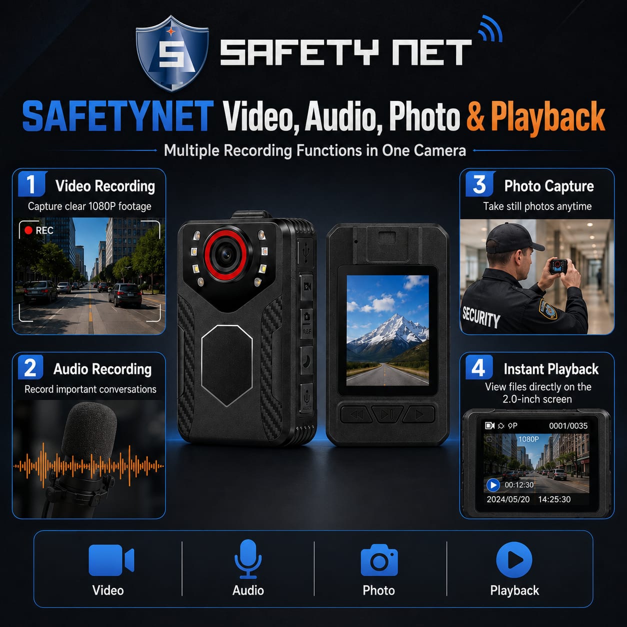 SAFETYNET SF-01 Body Worn Camera – 1080P Full HD Wearable Video & Audio Recorder with 2.0" LCD Screen, Clip-On Design, Rotatable Lens, 32GB–256GB Support