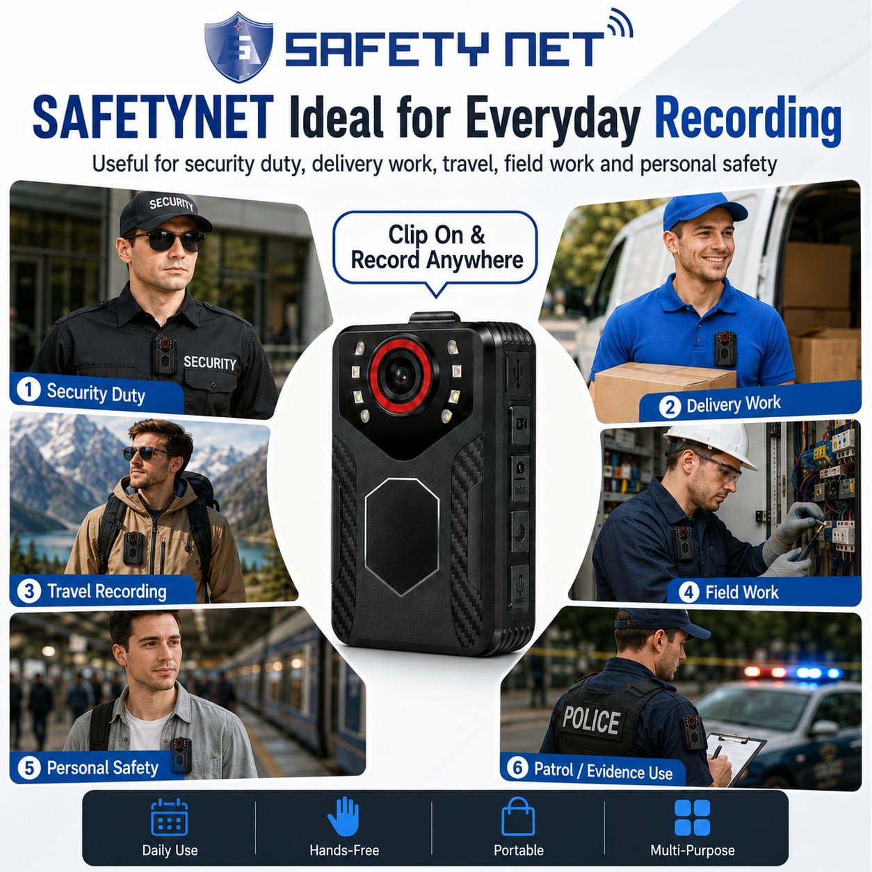 SAFETYNET SF-01 Body Worn Camera – 1080P Full HD Wearable Video & Audio Recorder with 2.0" LCD Screen, Clip-On Design, Rotatable Lens, 32GB–256GB Support