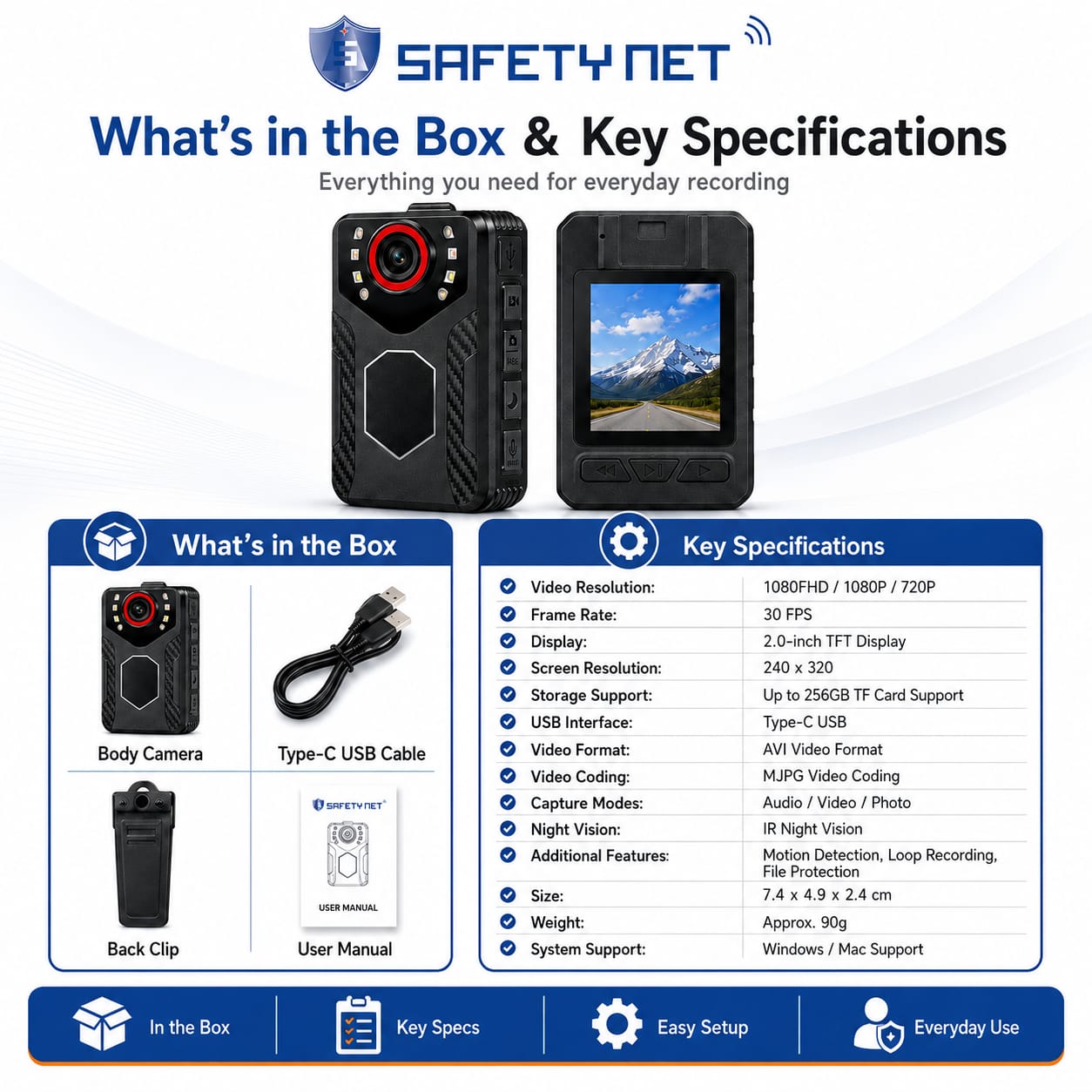 SAFETYNET SF-01 Body Worn Camera – 1080P Full HD Wearable Video & Audio Recorder with 2.0" LCD Screen, Clip-On Design, Rotatable Lens, 32GB–256GB Support